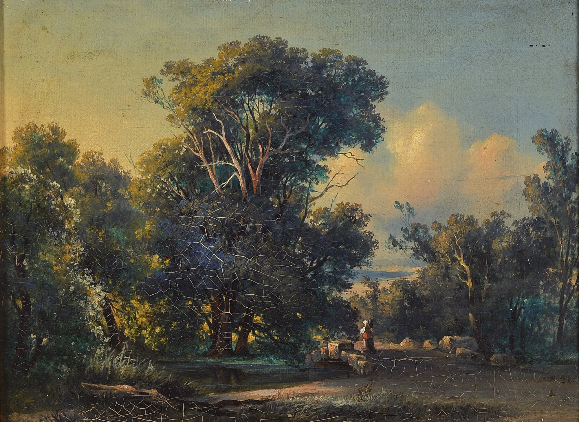 Wilhelm Amberg, 1822 - 1899 Berlin, Landschaft mit Brücke und Spaziergängerin, Öl/Lwd, li. u. signiert, krakeliert, Altersschäden, ca. 25 x 33 ...