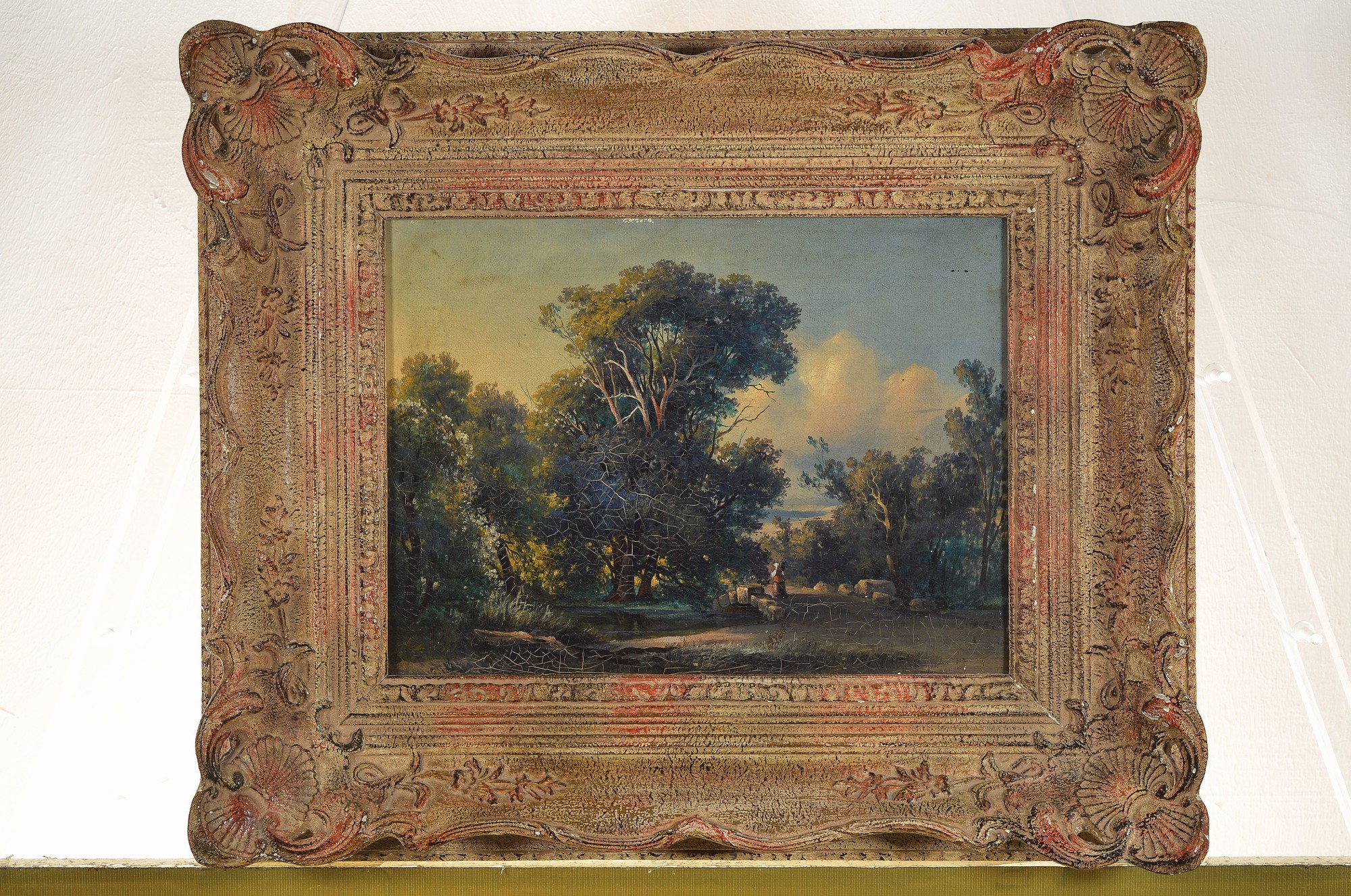 Detail k: Wilhelm Amberg, 1822 - 1899 Berlin, Landschaft mit Brücke und Spaziergängerin, Öl/Lwd, li. u. signiert, krakeliert, Altersschäden, ca. 25 x 33 ...