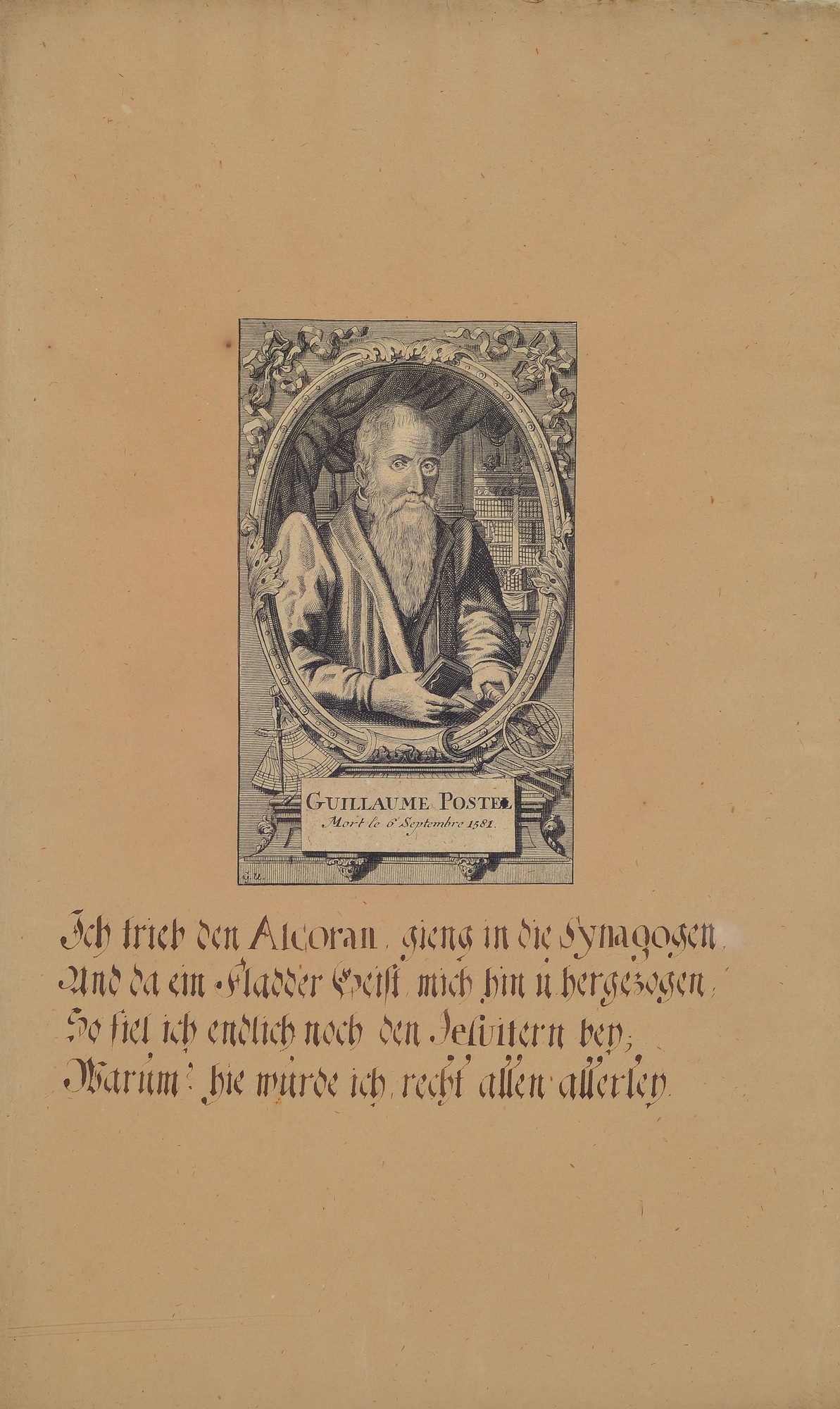 Zwei Kupferstiche, 16. Jh., Porträt jüdischer Rathsherren, Guillaume Porstel und Perus Ramus, handschriftlich bezeichnet, Texte über Synagogen ...