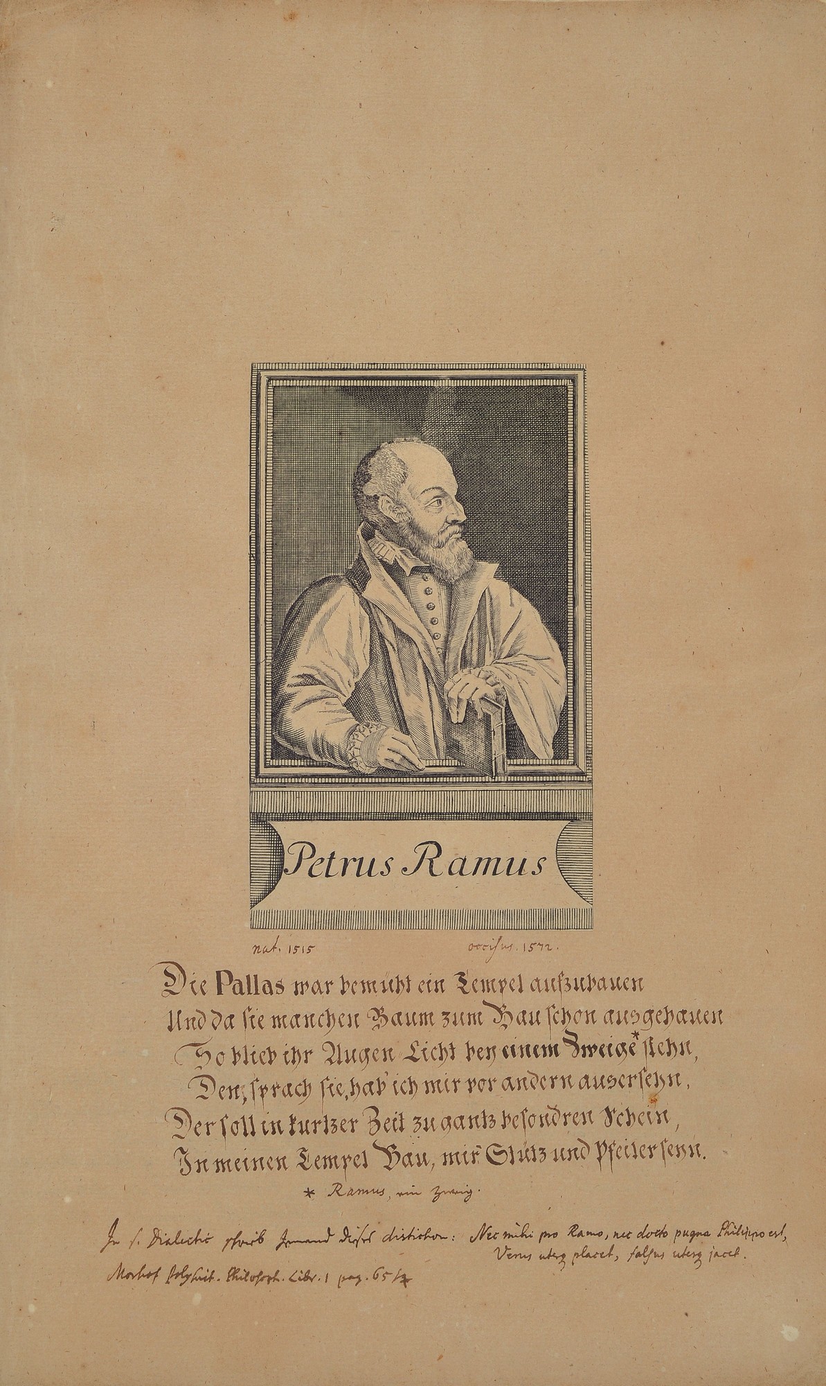 Detail a: Zwei Kupferstiche, 16. Jh., Porträt jüdischer Rathsherren, Guillaume Porstel und Perus Ramus, handschriftlich bezeichnet, Texte über Synagogen ...