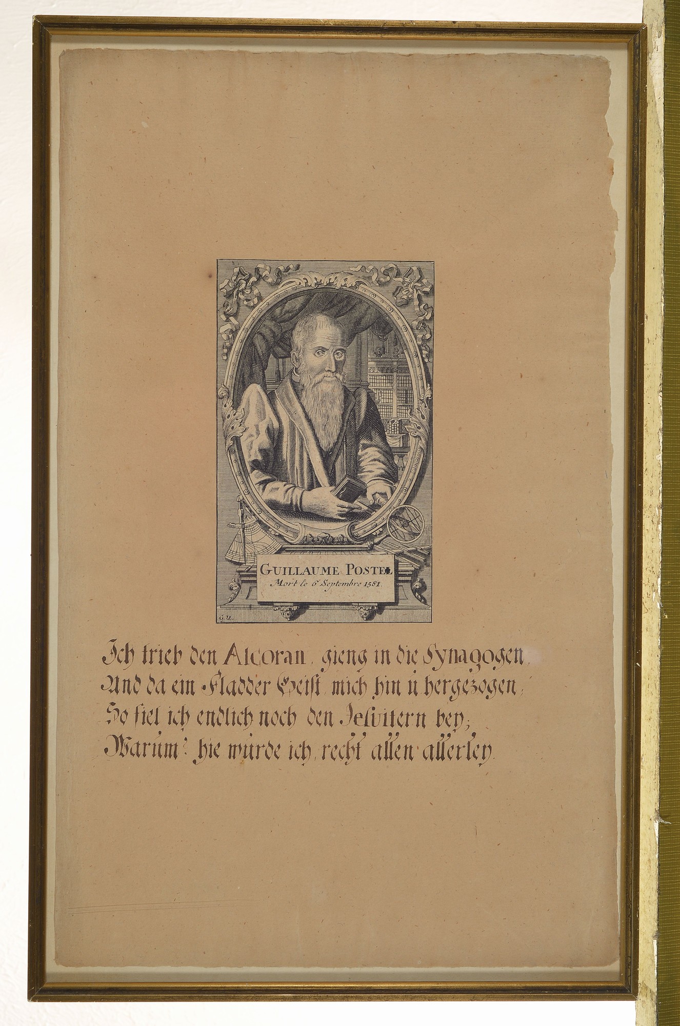 Detail k: Zwei Kupferstiche, 16. Jh., Porträt jüdischer Rathsherren, Guillaume Porstel und Perus Ramus, handschriftlich bezeichnet, Texte über Synagogen ...