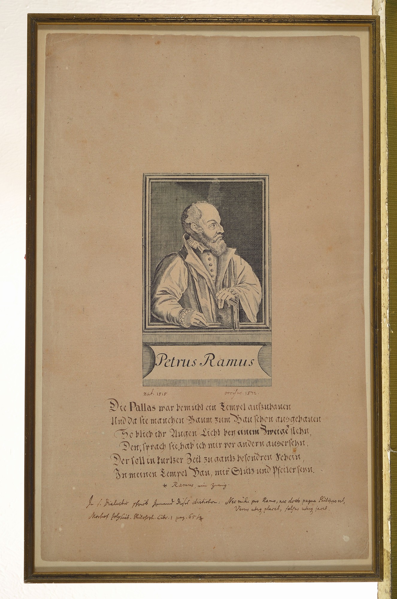 Detail l: Zwei Kupferstiche, 16. Jh., Porträt jüdischer Rathsherren, Guillaume Porstel und Perus Ramus, handschriftlich bezeichnet, Texte über Synagogen ...