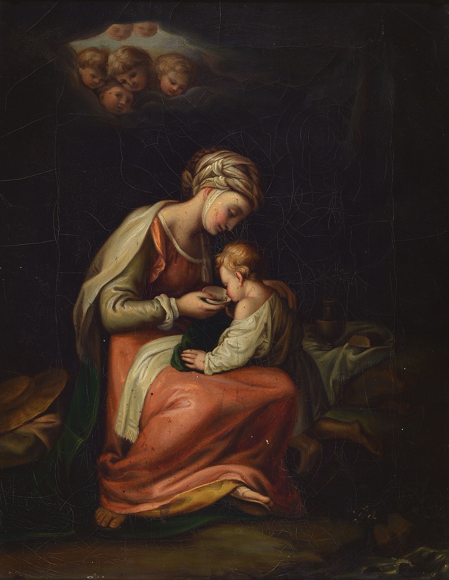 Albert Krafft, Dresden, Hagar tränkt ihren Sohn Ismael, nach Baroccio, um 1880, Öl/Lwd, verso bezeichnet auf Etikett und auf der Leinwand, l. ...