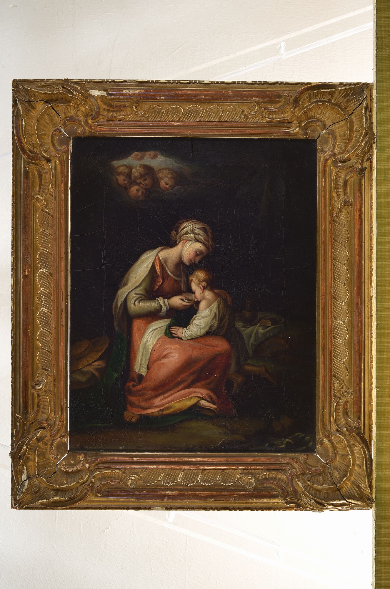 Detail k: Albert Krafft, Dresden, Hagar tränkt ihren Sohn Ismael, nach Baroccio, um 1880, Öl/Lwd, verso bezeichnet auf Etikett und auf der Leinwand, l. ...