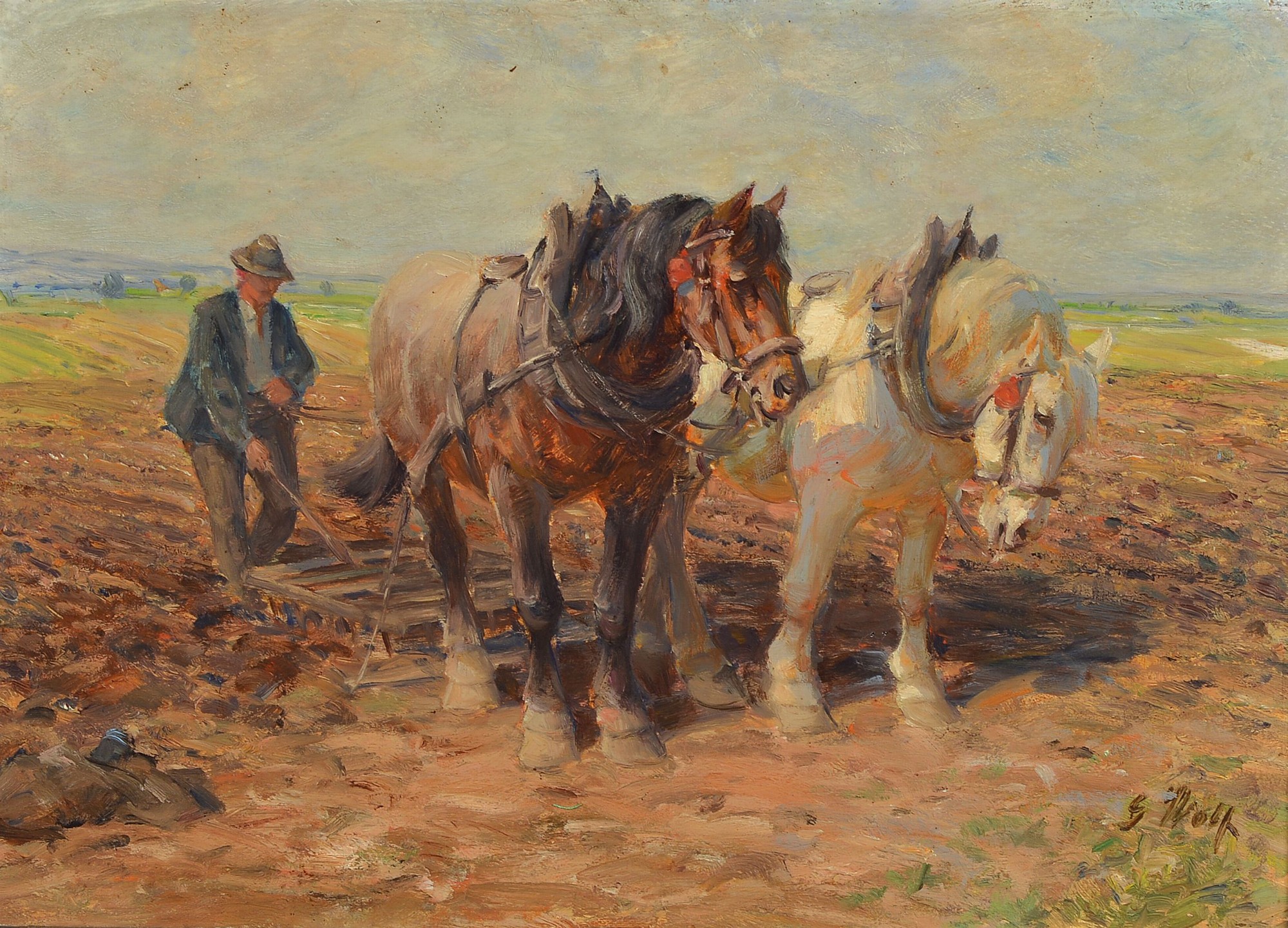 Georg Wolf, 1882 Niederhausbergern - 1962 Uelzen, pflügender Bauer mit Pferdegespann, Öl/Holz, re. u. signiert, ca. 32 x 45 cm, ca. 47 x 60cm, ...