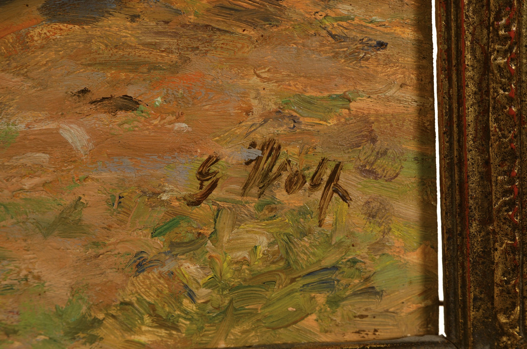 Detail a: Georg Wolf, 1882 Niederhausbergern - 1962 Uelzen, pflügender Bauer mit Pferdegespann, Öl/Holz, re. u. signiert, ca. 32 x 45 cm, ca. 47 x 60cm, ...