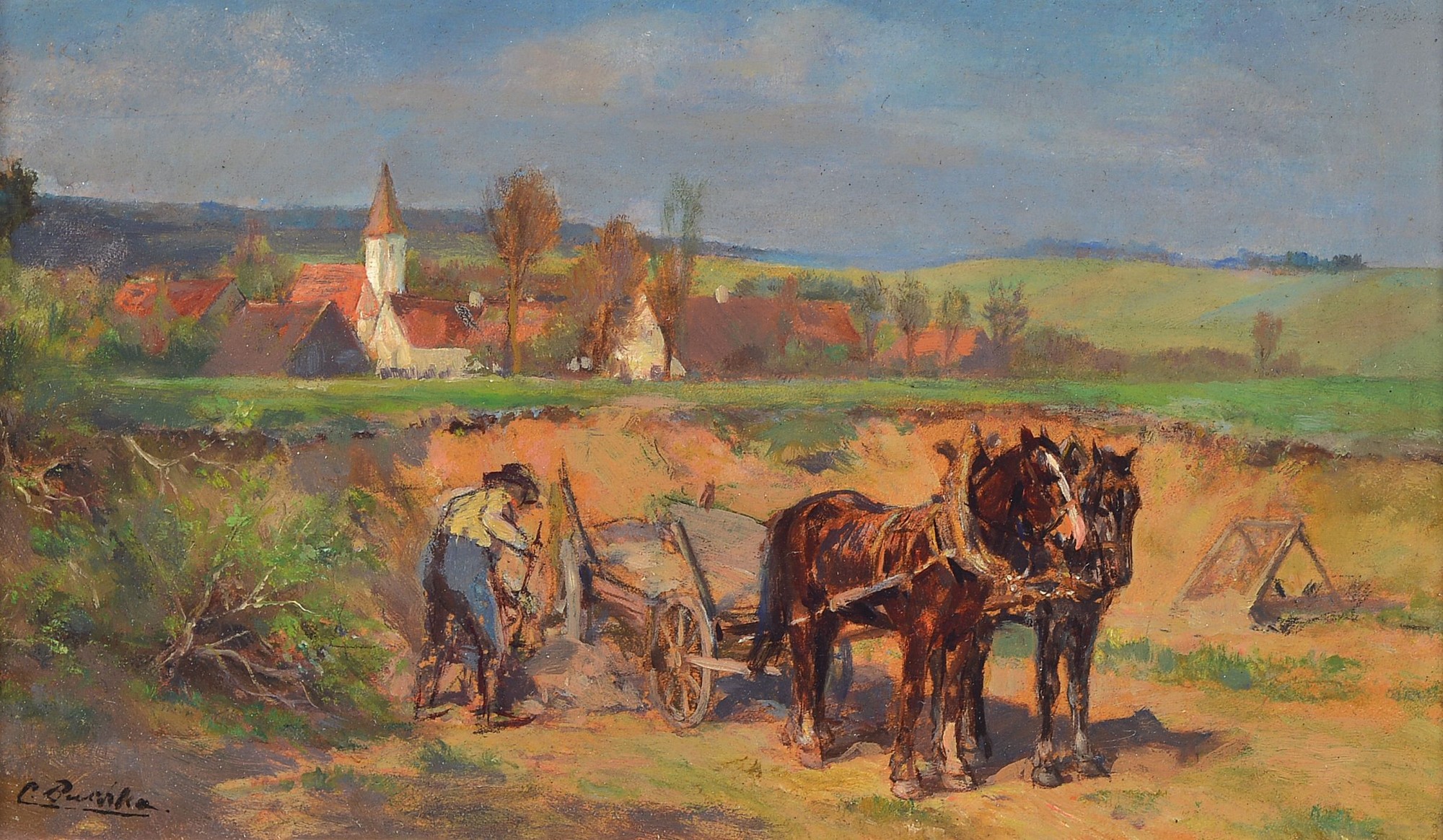 Carl Buchta, 1861-1928, Arbeiter mit Pferdewagen in der Sandgrube, im Hintergrund ein Dorf, Öl/Holz, links unten signiert, ca. 11x19cm, R. ca. ...