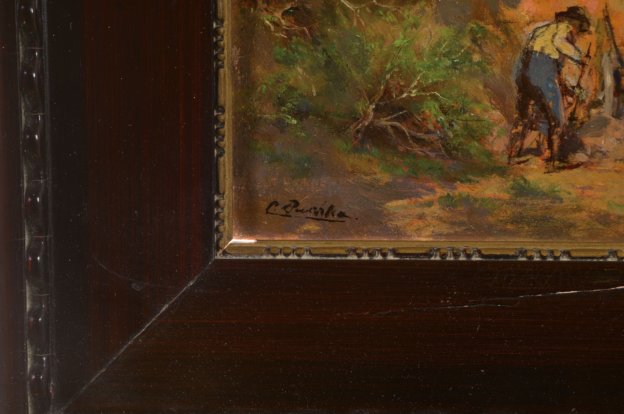 Detail a: Carl Buchta, 1861-1928, Arbeiter mit Pferdewagen in der Sandgrube, im Hintergrund ein Dorf, Öl/Holz, links unten signiert, ca. 11x19cm, R. ca. ...