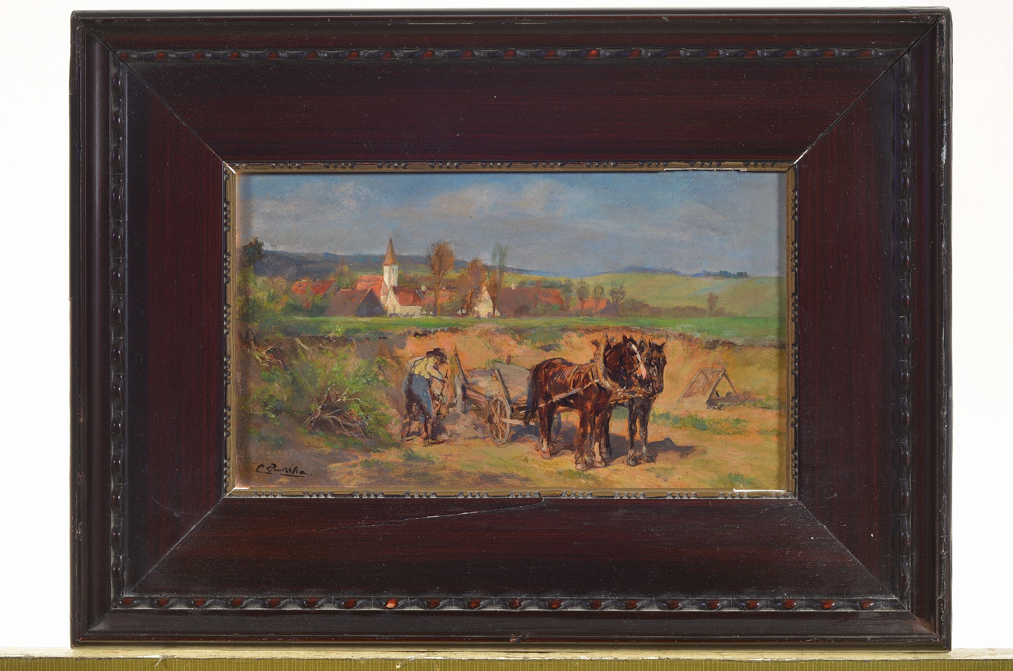 Detail k: Carl Buchta, 1861-1928, Arbeiter mit Pferdewagen in der Sandgrube, im Hintergrund ein Dorf, Öl/Holz, links unten signiert, ca. 11x19cm, R. ca. ...