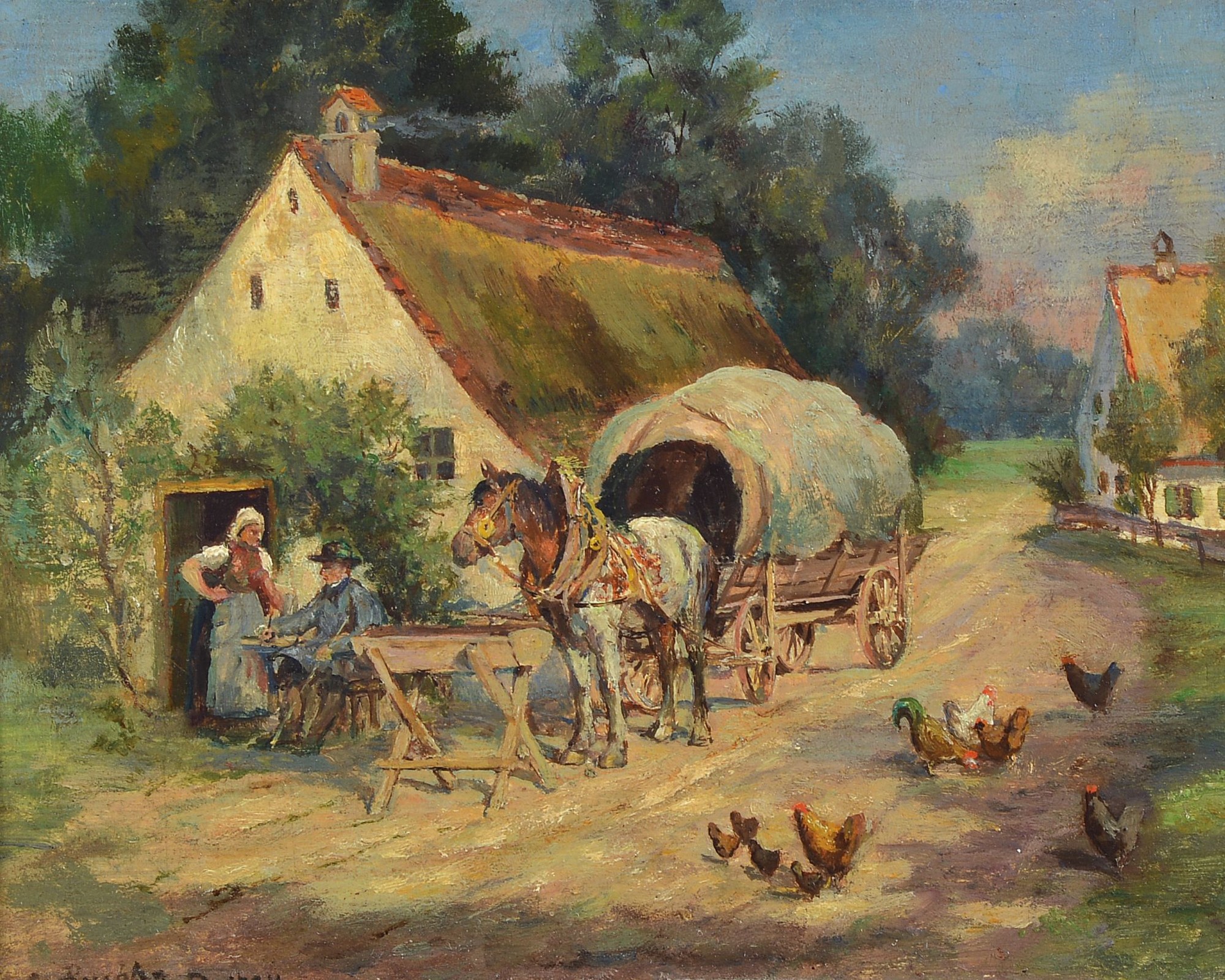 Carl Buchta, 1861-1928, Pferdewagen und Personen vor dem Dorfwirtshaus, Öl/Holz, links unten signiert, ca. 14x18cm, R. ca. 24x28cm