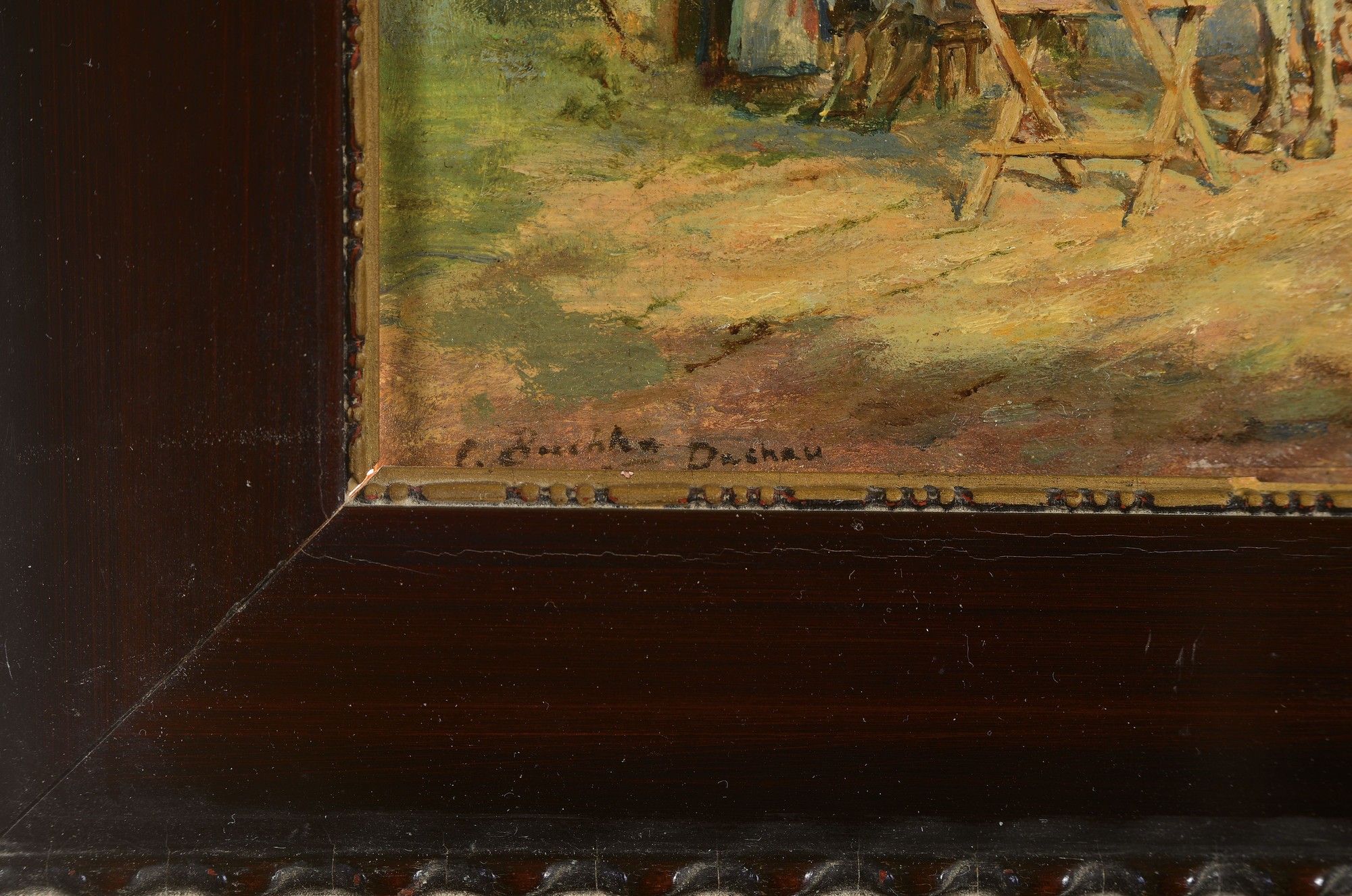Detail a: Carl Buchta, 1861-1928, Pferdewagen und Personen vor dem Dorfwirtshaus, Öl/Holz, links unten signiert, ca. 14x18cm, R. ca. 24x28cm