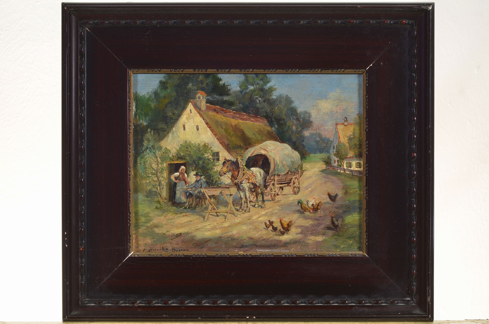 Detail k: Carl Buchta, 1861-1928, Pferdewagen und Personen vor dem Dorfwirtshaus, Öl/Holz, links unten signiert, ca. 14x18cm, R. ca. 24x28cm
