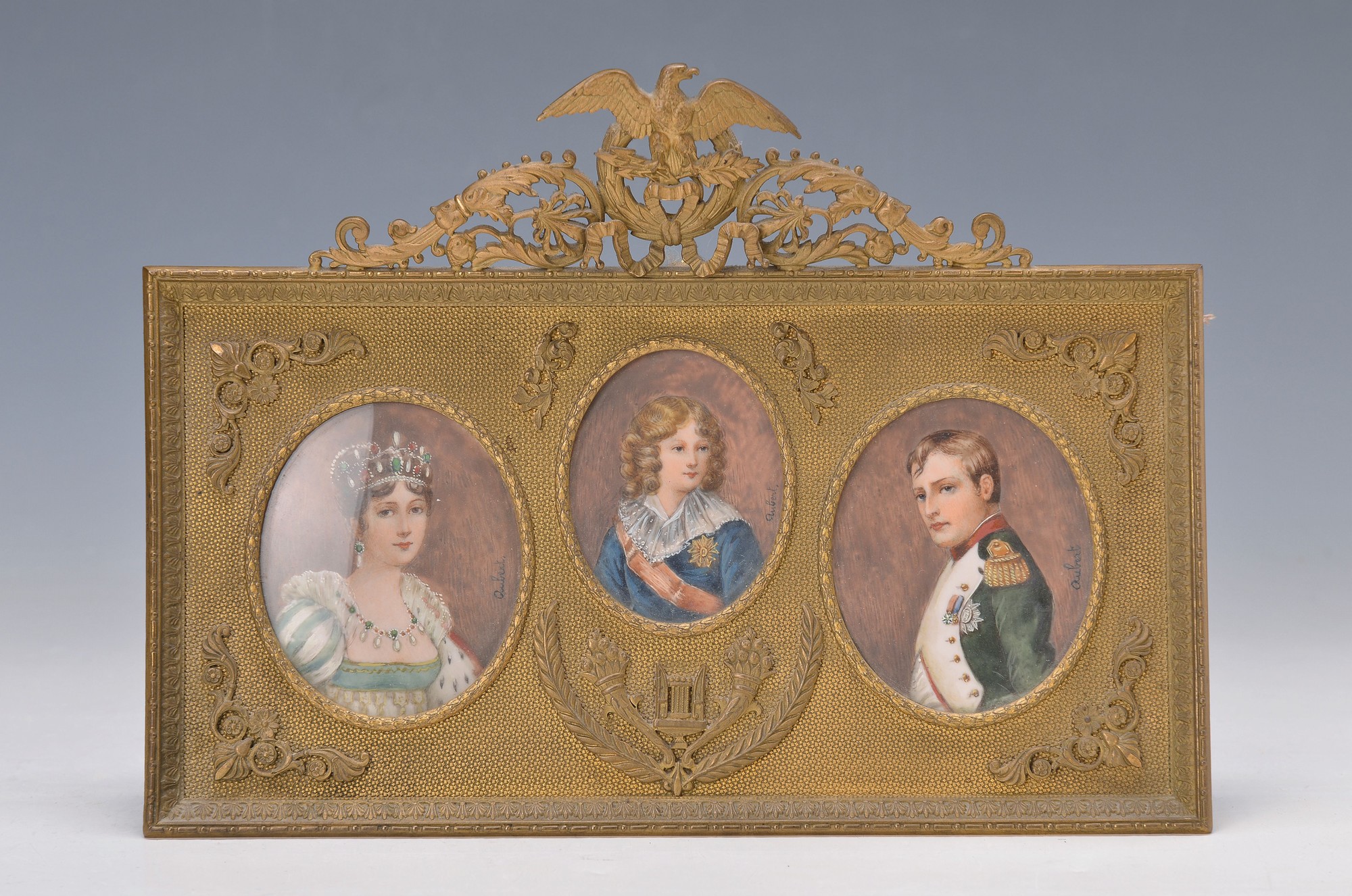 3 Miniaturmalereien, Frankreich, um 1900, Porträts von Napoleon Bonaparte, seiner Frau Josephine und dem Sohn, Gouache auf Elfenbein, im Oval je ca. ...