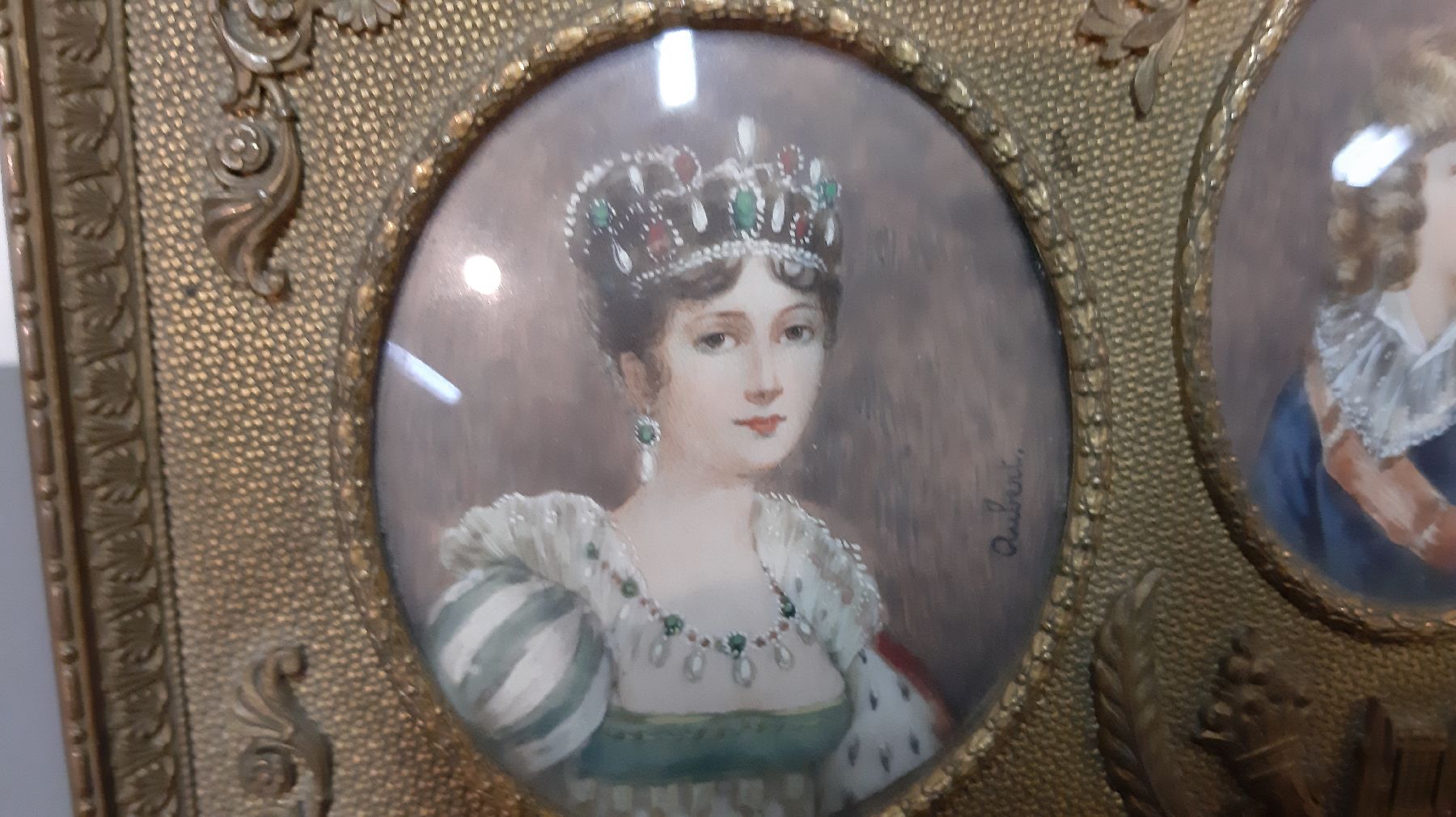 Detail e: 3 Miniaturmalereien, Frankreich, um 1900, Porträts von Napoleon Bonaparte, seiner Frau Josephine und dem Sohn, Gouache auf Elfenbein, im Oval je ca. ...