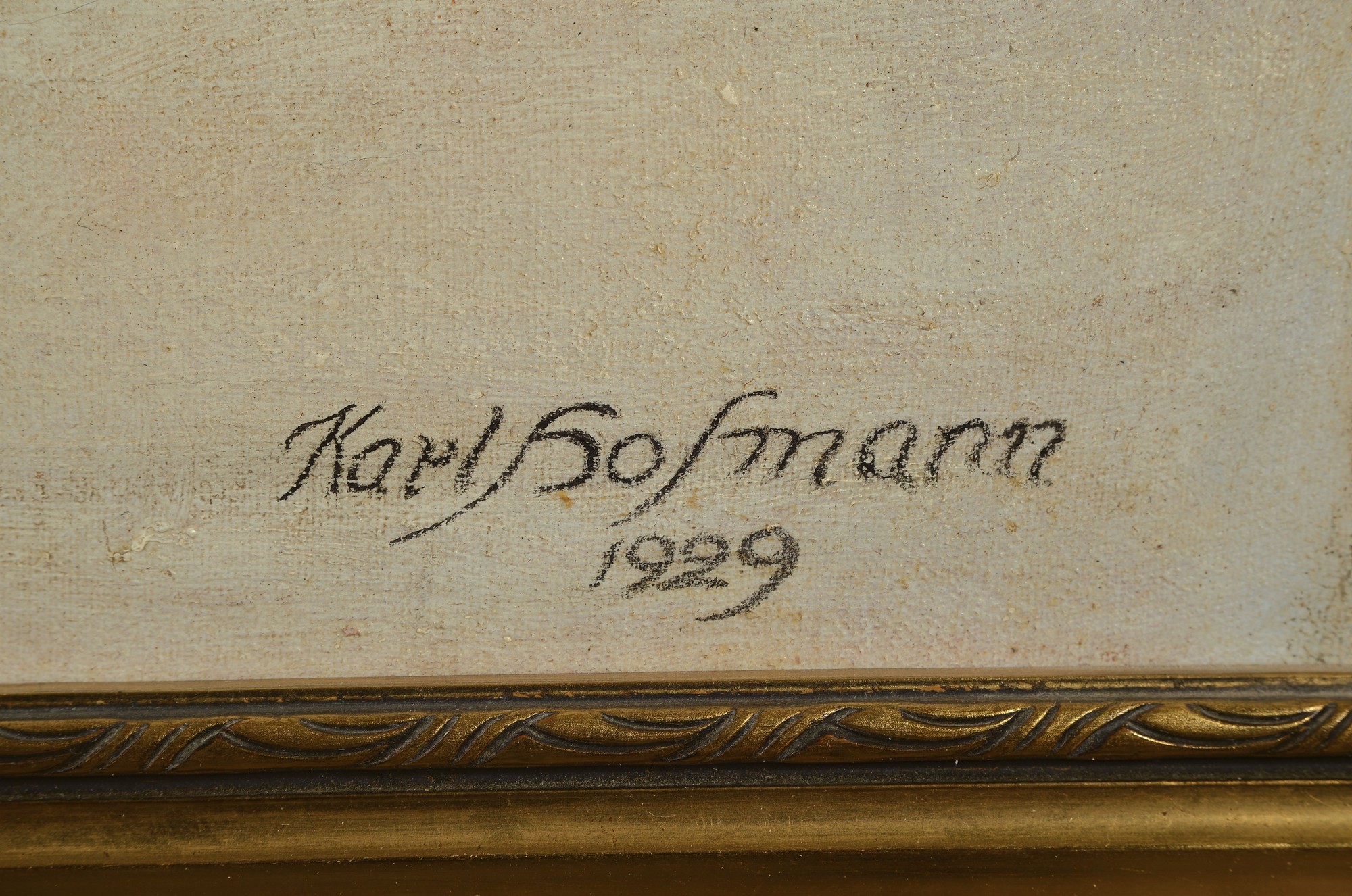Detail a: Karl Hofmann, datiert 1929, Eisvergnügen, zahlreiche Schlittschuhläufer der Eisfläche, im Hintergrund eine Stadt und eine Eisenbahnbrücke, ...
