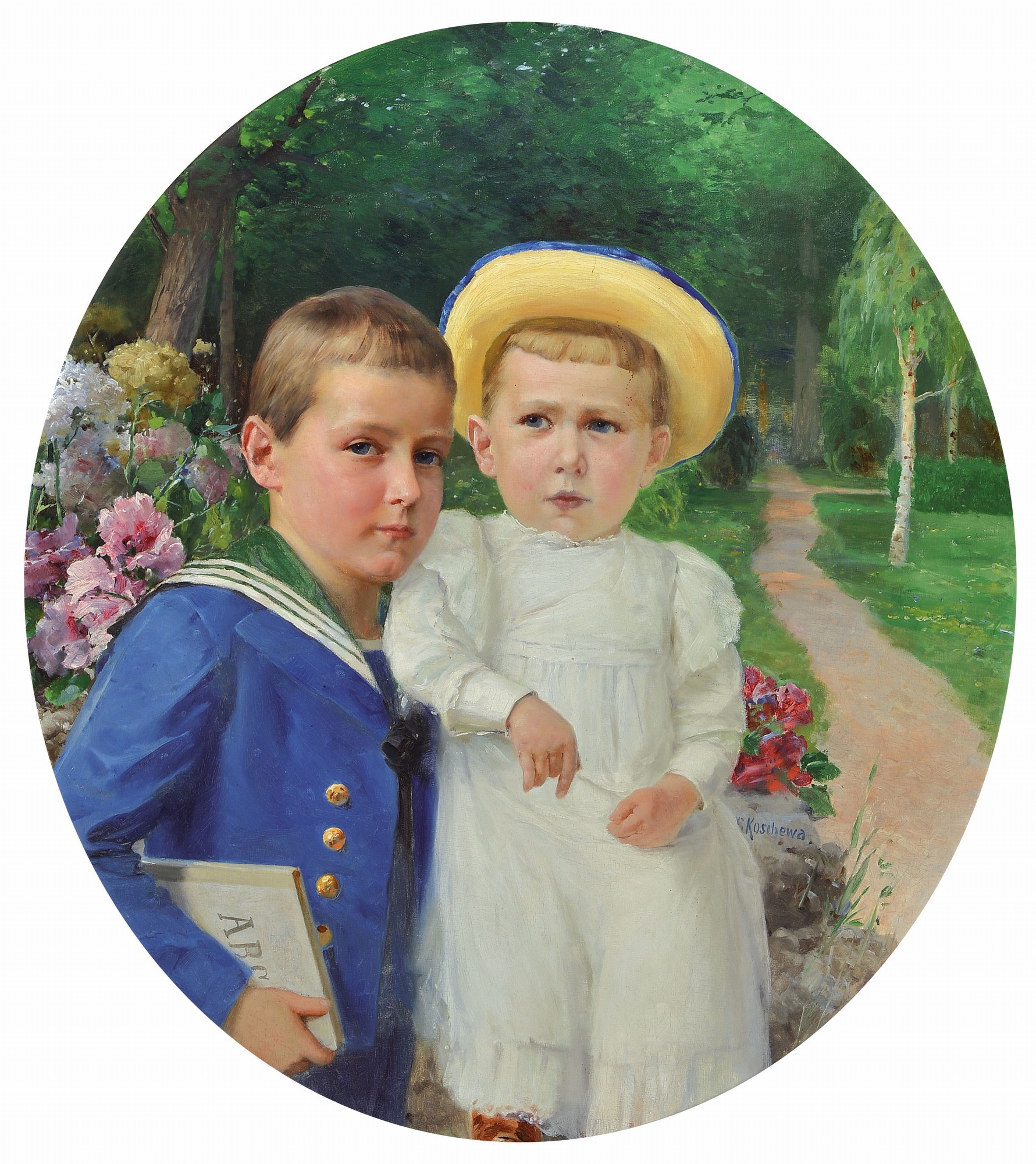 G. Koschewa, um 1900-1910, Doppelporträt zweier Geschwister im Garten, Öl/Malkarton, rechts unten signiert, im Oval ca. 77x68cm, R., ca. 90x78cm