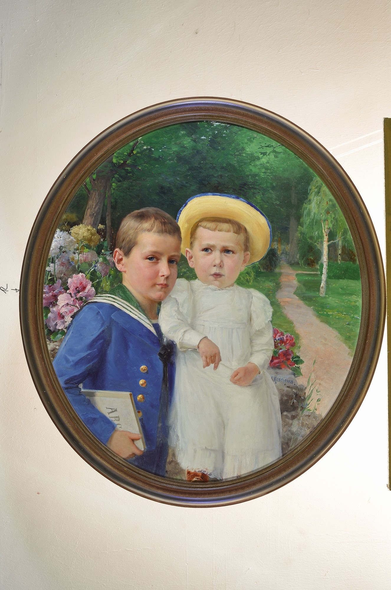 Detail k: G. Koschewa, um 1900-1910, Doppelporträt zweier Geschwister im Garten, Öl/Malkarton, rechts unten signiert, im Oval ca. 77x68cm, R., ca. 90x78cm