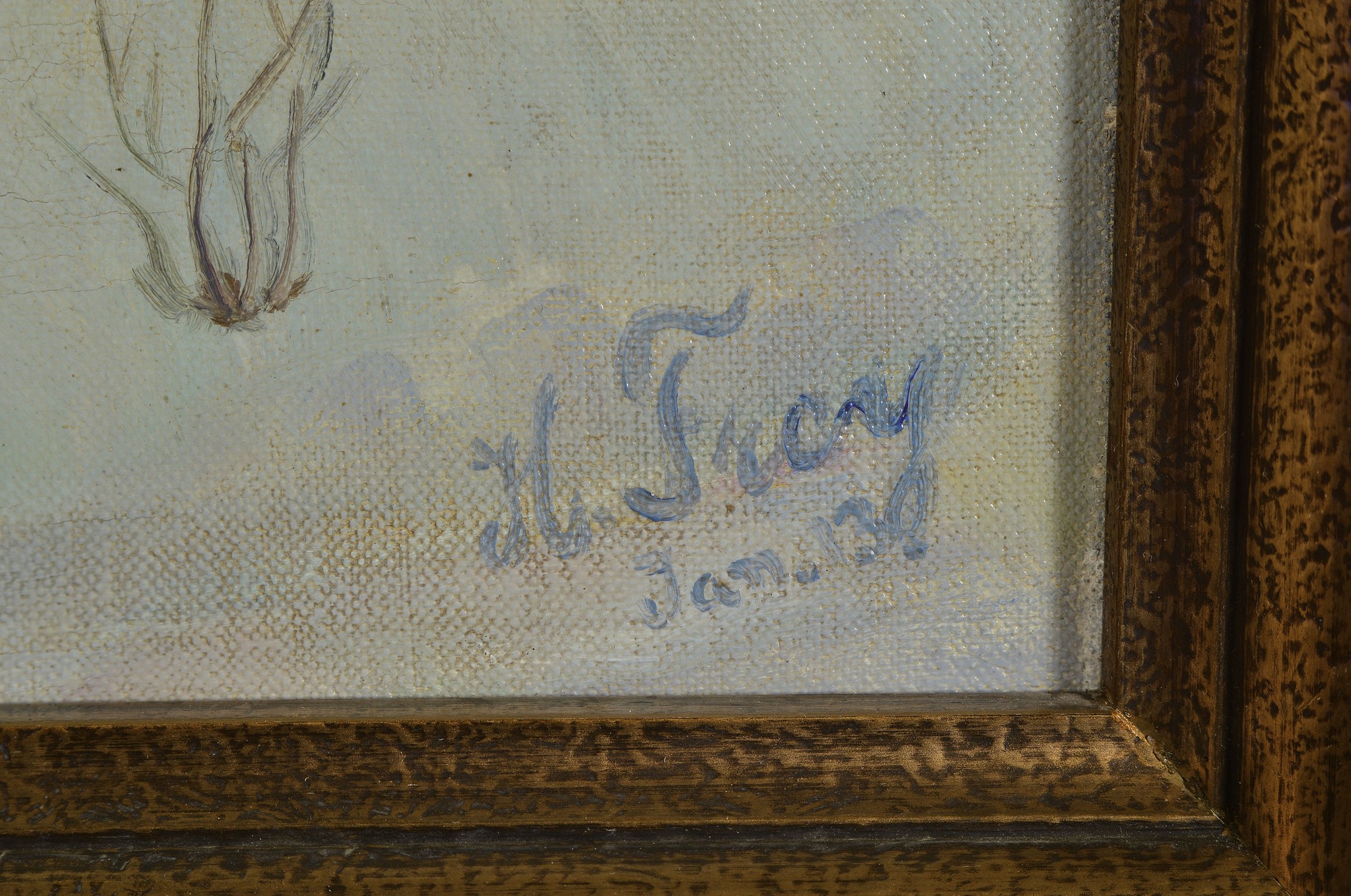 Detail a: H. Frey, datiert Jan. 39, Bauernhaus in verschneiter Winterlandschaft, Öl/Lwd, rechts unten signiert und dat., ca. 38x49cm, R. ca. 52x63cm
