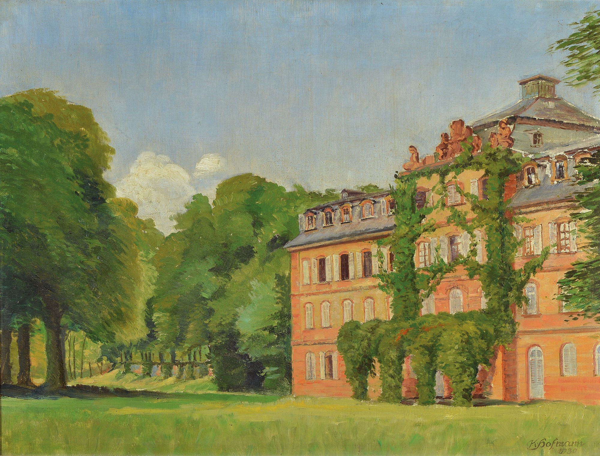 Karl Hofmann, datiert 1930, Blick auf eine Villa im Park, Öl/Holz, rechts unten signiert und dat., ca. 46x60 cm, R. ca. 55x69 cm