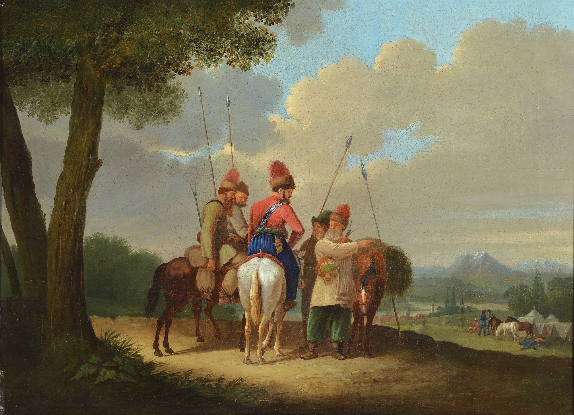 Unbekannter Künstler, wohl russisch, um 1830, Kosaken beraten sich auf dem Hügel über dem Feldlager, Öl/Lwd, doubliert, ca. 42x56cm, R. ca. ...