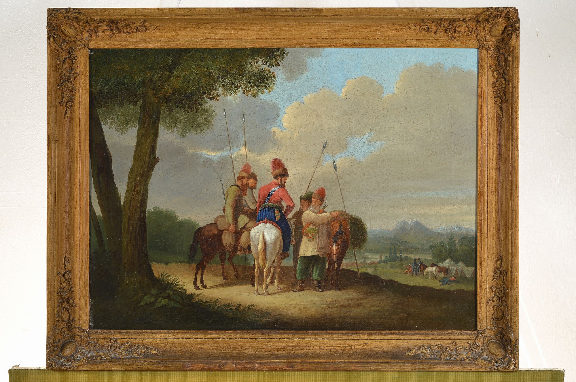 Detail k: Unbekannter Künstler, wohl russisch, um 1830, Kosaken beraten sich auf dem Hügel über dem Feldlager, Öl/Lwd, doubliert, ca. 42x56cm, R. ca. ...