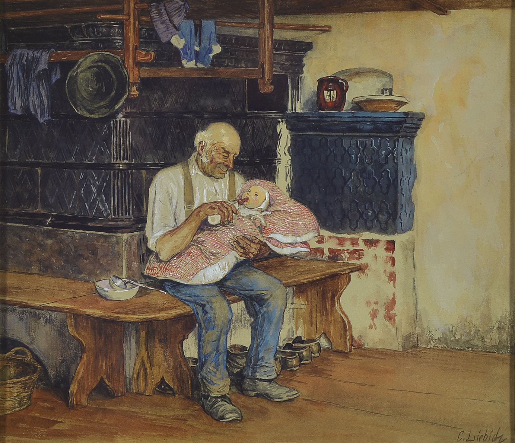 Curt Liebich, 1868 Wesel-1937 Gutach, 2 Aquarelle: Interieur, Großvater gibt dem Säugling die Flasche, rechts unten signiert, ca. 20x23cm, PP, ...