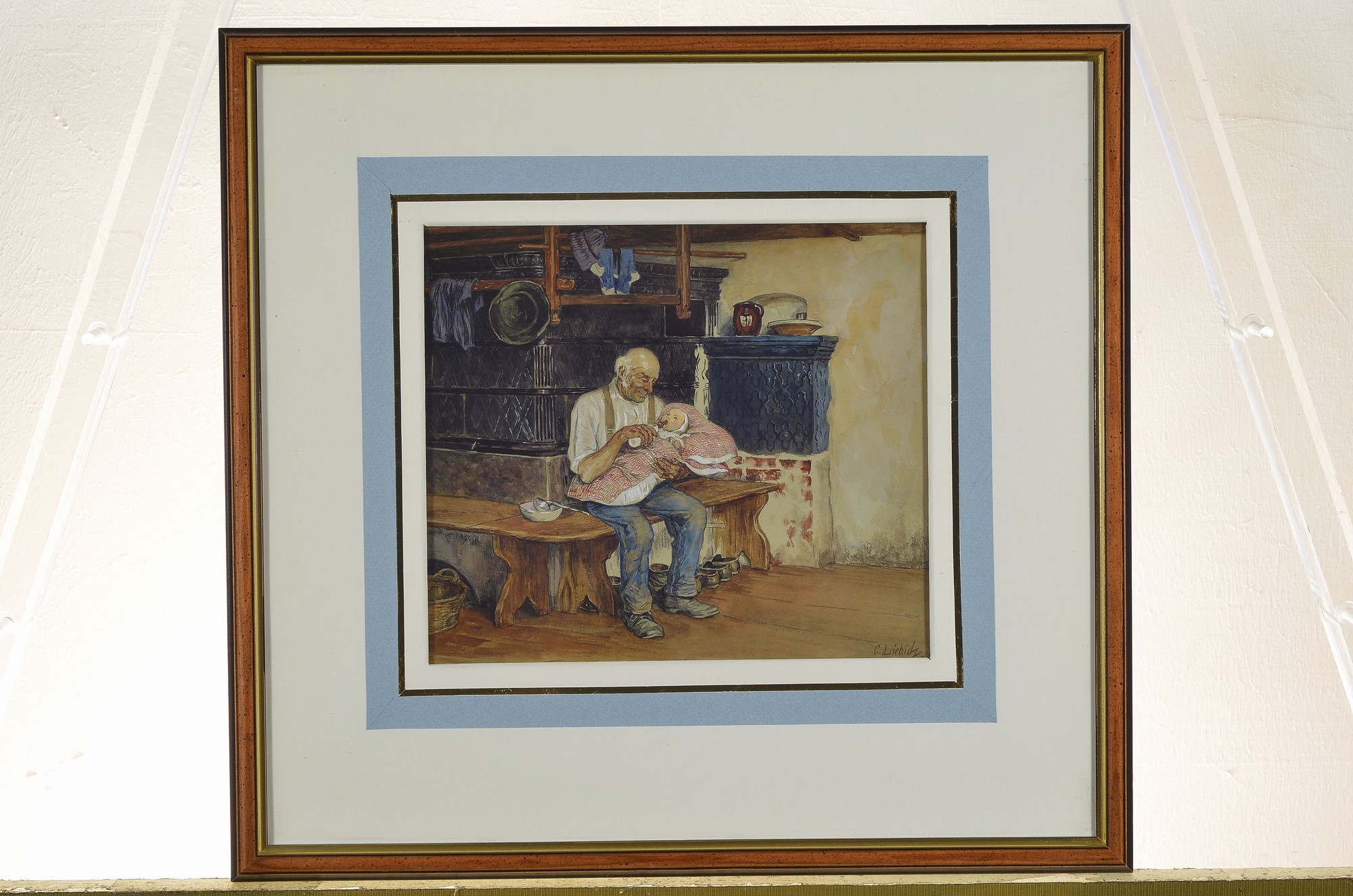 Detail k: Curt Liebich, 1868 Wesel-1937 Gutach, 2 Aquarelle: Interieur, Großvater gibt dem Säugling die Flasche, rechts unten signiert, ca. 20x23cm, PP, ...