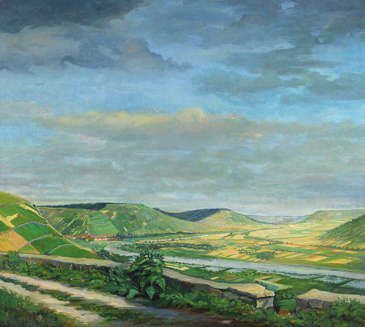 Unbekannter Künstler, deutsch, 1. Hälfte 20. Jh., Weite Agrarlandschaft mit Fluss und Baumgruppen, Öl/Lwd, unsigniert, ca. 70x80cm, R. ca. 92x102cm