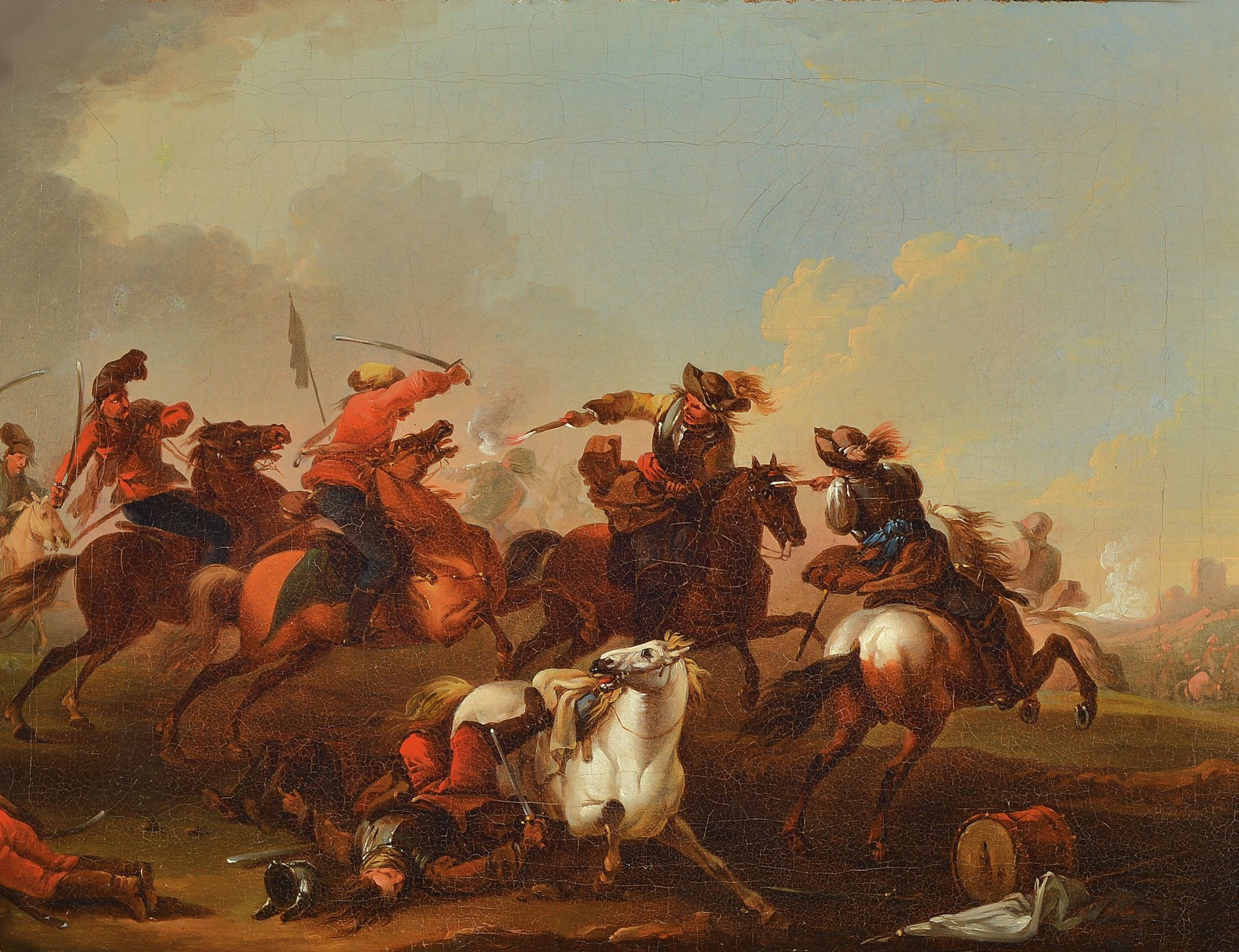 Unbekannter Künstler, deutsch, um 1860, Szene aus den Türkenkriegen, vielfigurige Szene mit Soldaten und Pferden, im Hintergrund eine Stadt, ...