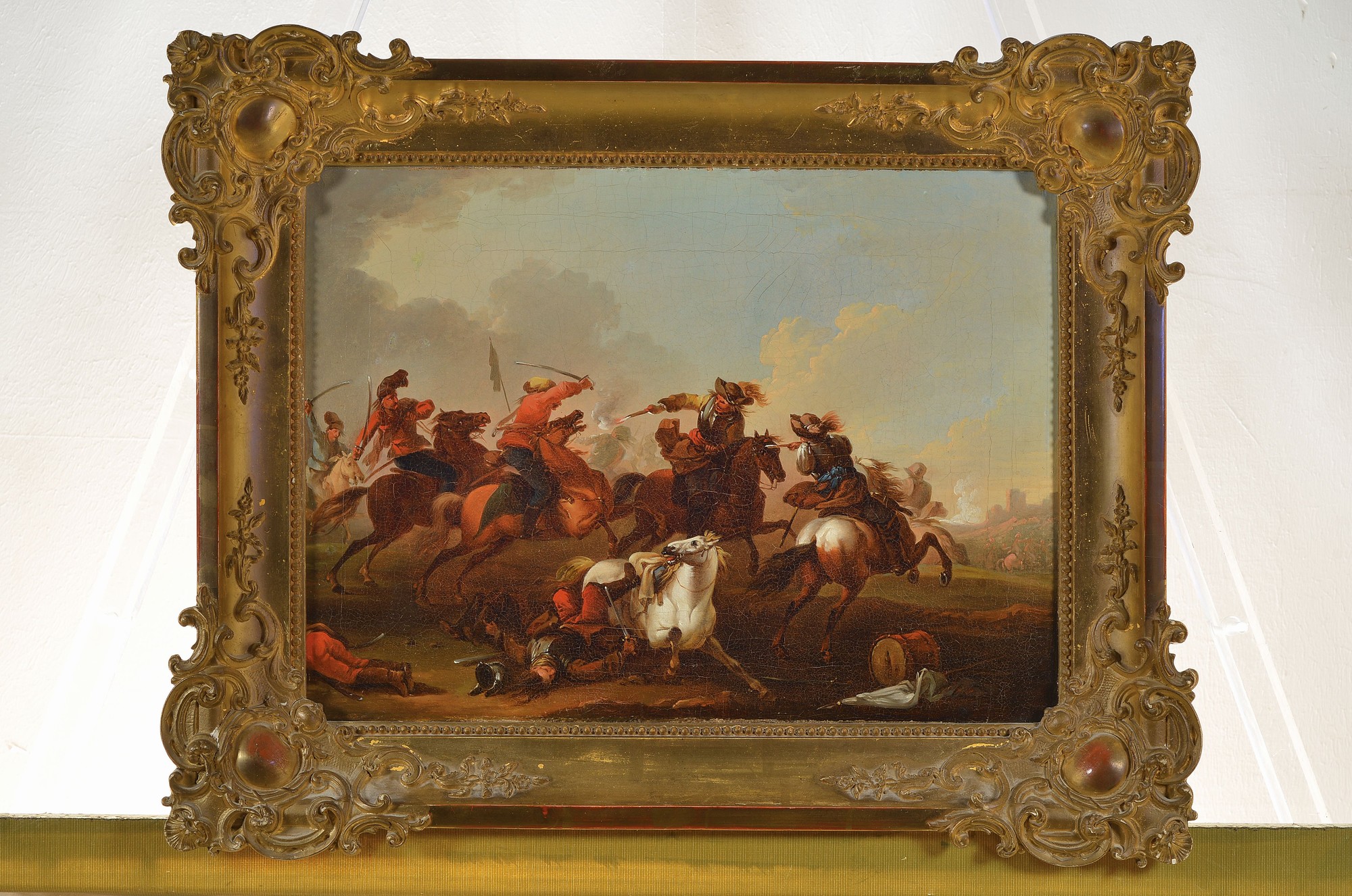 Detail k: Unbekannter Künstler, deutsch, um 1860, Szene aus den Türkenkriegen, vielfigurige Szene mit Soldaten und Pferden, im Hintergrund eine Stadt, ...