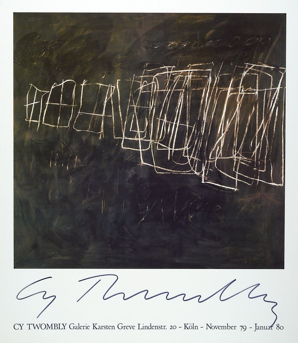 Cy Twombly, 1928-2011, Galerie Greve, Köln 1979, Offset-Lithografie auf Glanzkarton,handsign., unter Plexiglas gerahmt, gesamt ca.69x60 cm