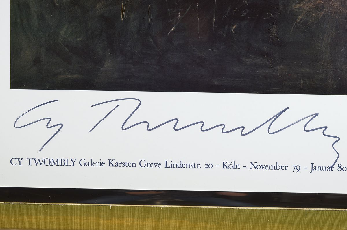Detail a: Cy Twombly, 1928-2011, Galerie Greve, Köln 1979, Offset-Lithografie auf Glanzkarton,handsign., unter Plexiglas gerahmt, gesamt ca.69x60 cm