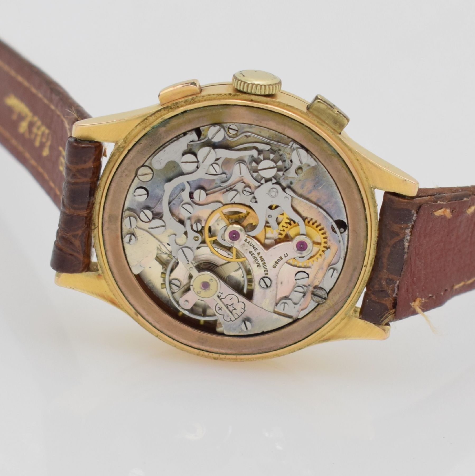 Detail f: BAUME & MERCIER Schaltradchronograph in RG 750/000, Handaufzug, Schweiz um 1945, Boden & Glasrand aufgedr., silb. Zifferbl. m. arab. Std., rotgold. ...