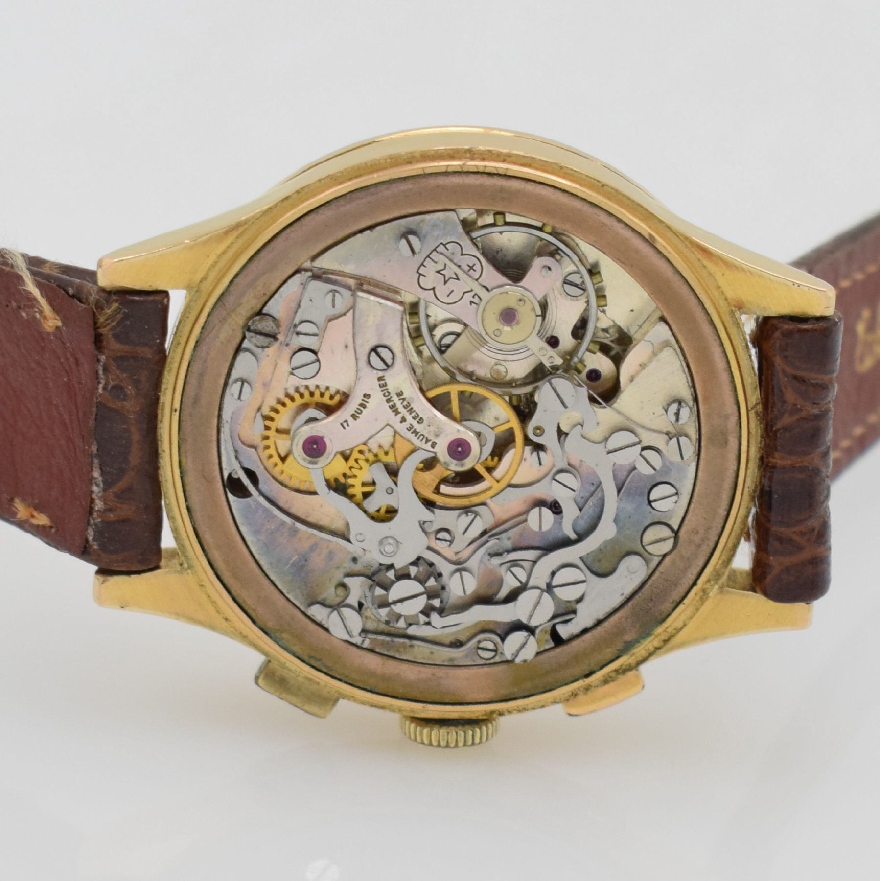 Detail g: BAUME & MERCIER Schaltradchronograph in RG 750/000, Handaufzug, Schweiz um 1945, Boden & Glasrand aufgedr., silb. Zifferbl. m. arab. Std., rotgold. ...