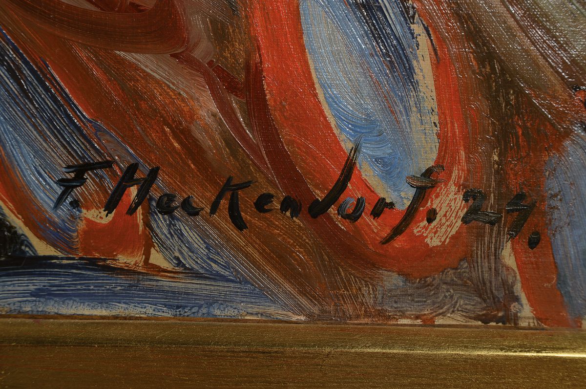 Detail a: Franz Heckendorf, 1888 Berlin-1962 München, grosses Stillleben mit Blumen u. Gegenständen, Öl/Lwd, re. unten signiert und dat. 1924, ca. 120 x 100 ...