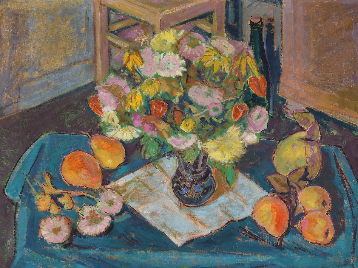 Hermann Sauter, 1891 - 1981, Stillleben mit Blumen und Obst, handsigniert links oben, um 1938-40 entstanden, verso auf Leinwand bezeichnet, ca. 61 x ...