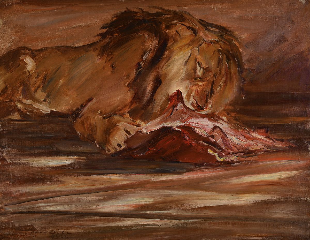 Otto Dill, 1884 Neustadt-1957 Bad Dürkheim, fressender Löwe, Öl/Lwd, li. u. signiert und dat. 1922, ca. 70 x 90 cm, R. ca. 80x100cm