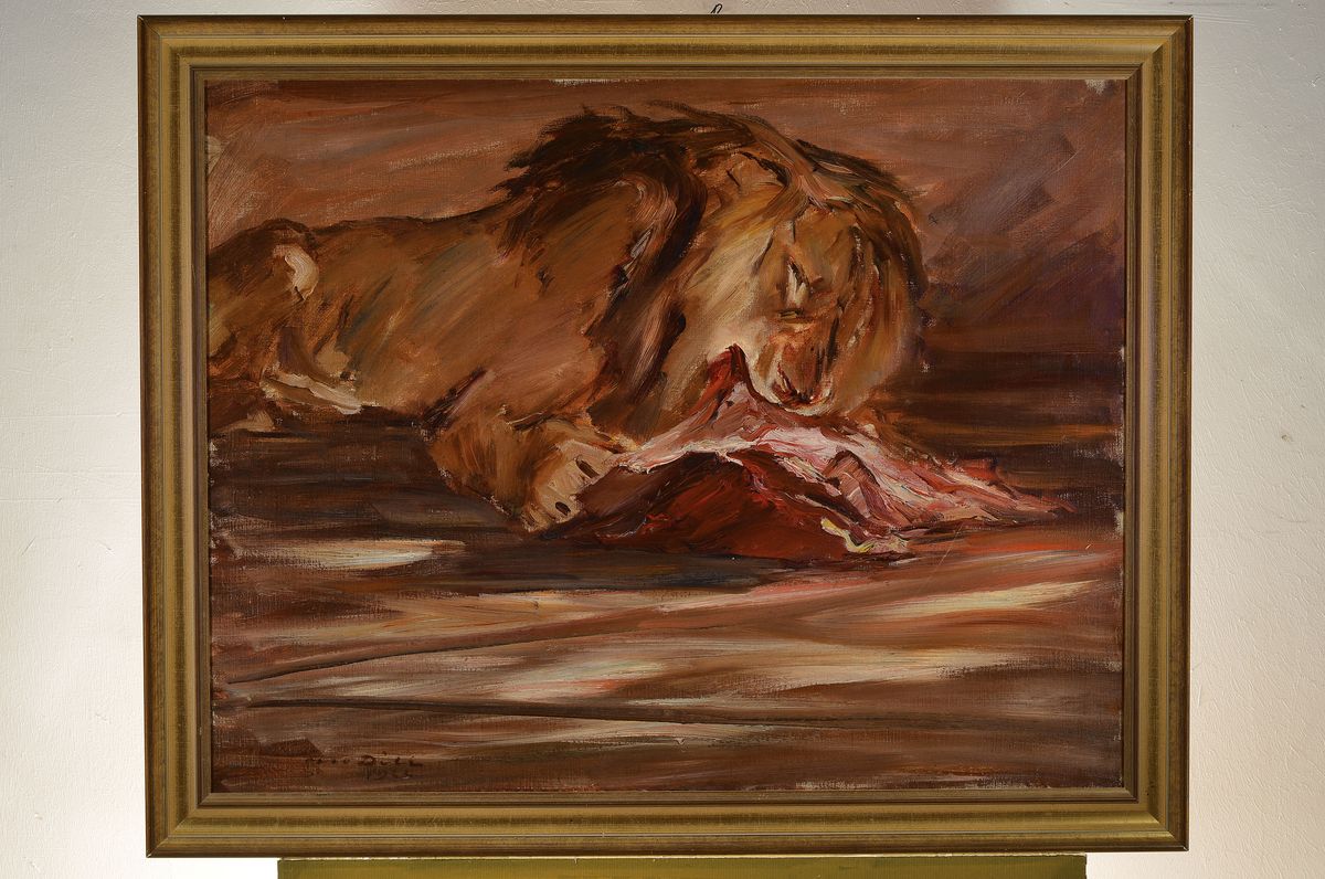 Detail k: Otto Dill, 1884 Neustadt-1957 Bad Dürkheim, fressender Löwe, Öl/Lwd, li. u. signiert und dat. 1922, ca. 70 x 90 cm, R. ca. 80x100cm