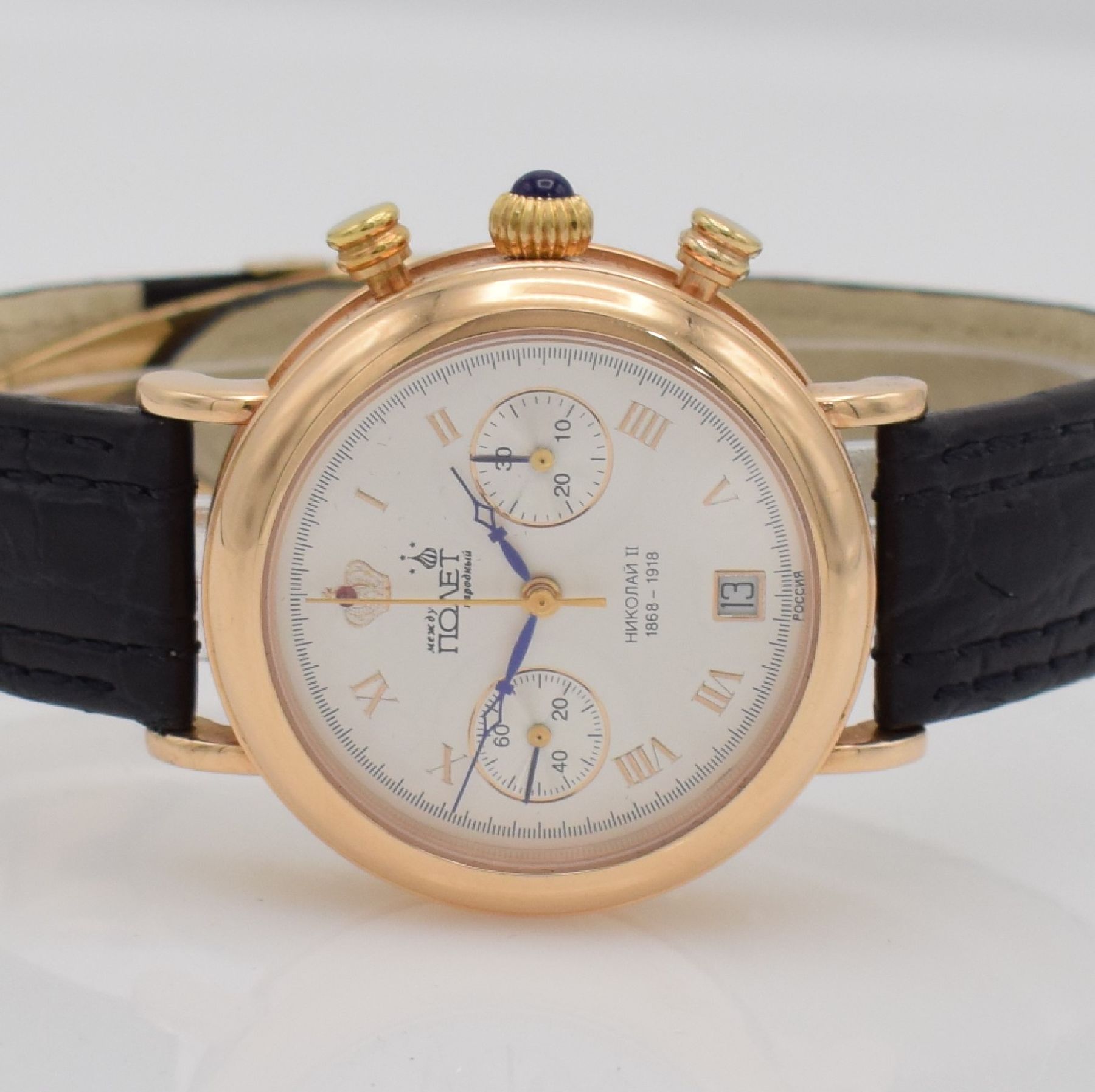 Detail a: POLJOT Armbandchronograph Nikolai II in RoseG 585/000, Handaufzug, Russland um 20000, 3- teil. Geh., beids. vergl., Boden & Glasrand aufgedr., orig. ...