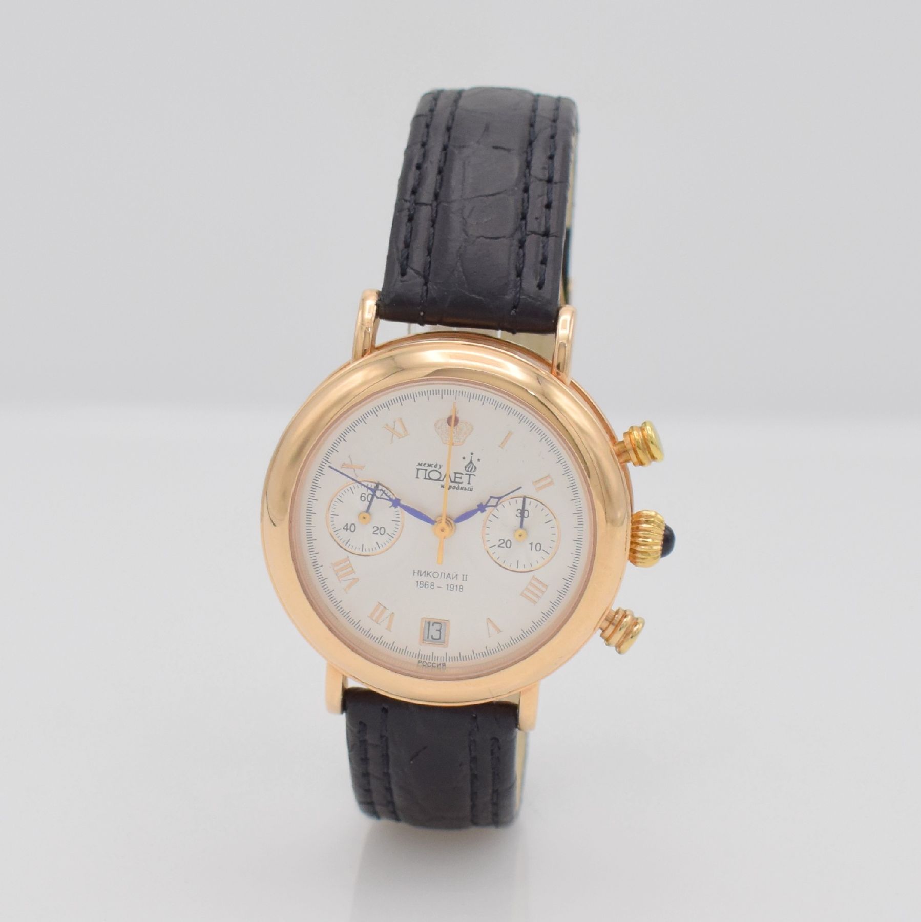 Detail b: POLJOT Armbandchronograph Nikolai II in RoseG 585/000, Handaufzug, Russland um 20000, 3- teil. Geh., beids. vergl., Boden & Glasrand aufgedr., orig. ...