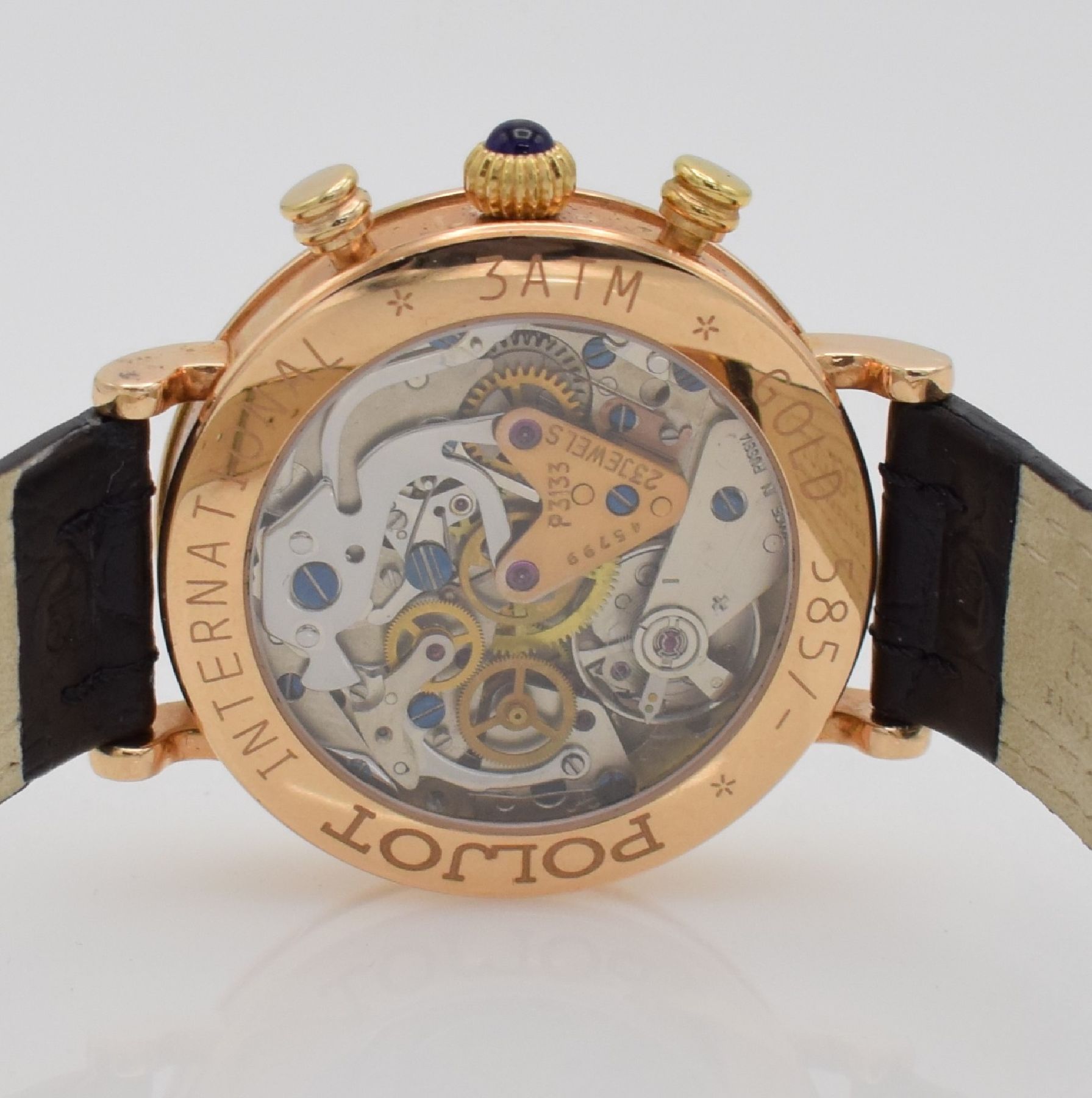 Detail e: POLJOT Armbandchronograph Nikolai II in RoseG 585/000, Handaufzug, Russland um 20000, 3- teil. Geh., beids. vergl., Boden & Glasrand aufgedr., orig. ...