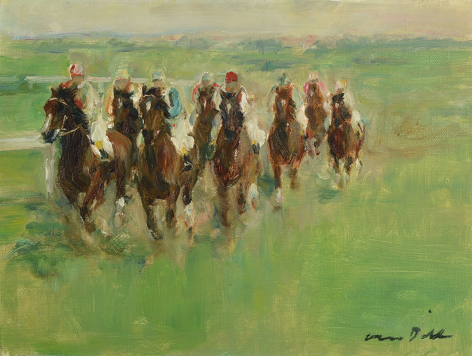 Otto Dill, 1884 Neustadt-1957 Bad Dürkheim, Pferderennen, dynamische Darstellung, Öl/ Leinwand auf Platte, später bezeichnet, 30 x 40 cm, Rahmen ...