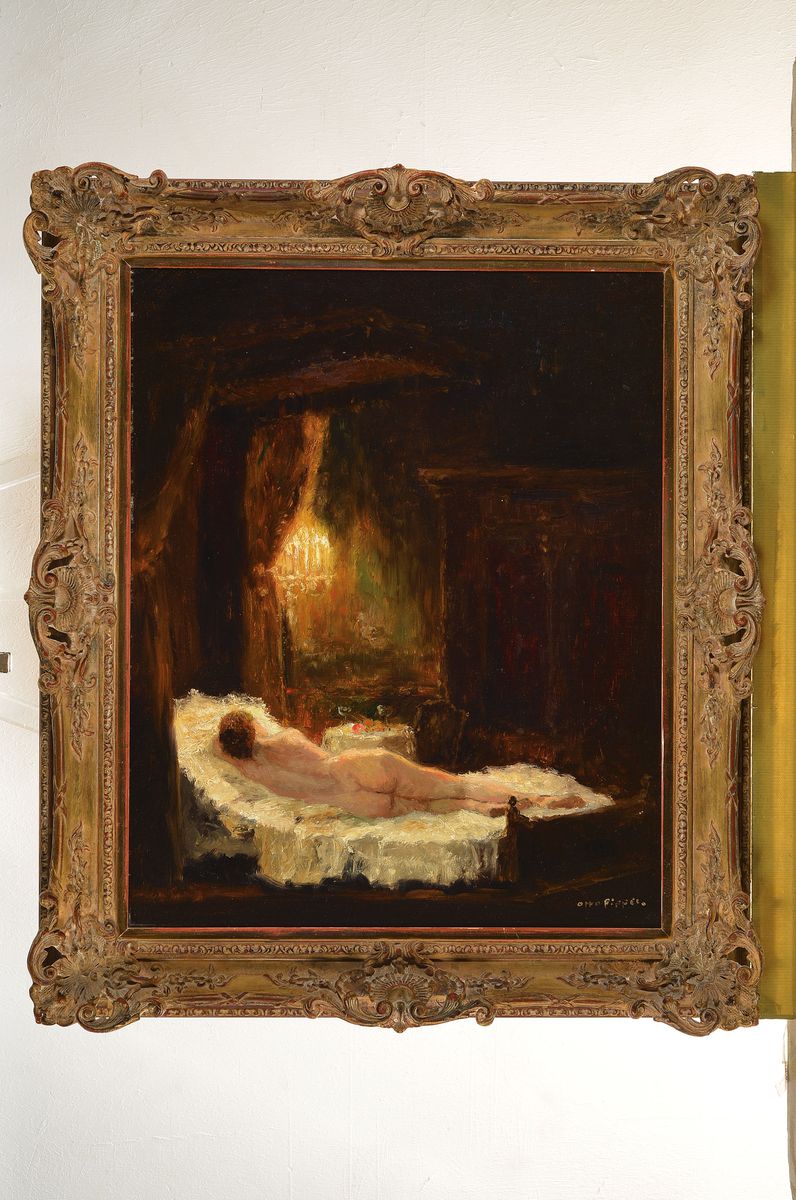 Detail k: Otto Pippel, 1878 Lodz - 1960 Planegg, liegender Akt bei Kerzenlicht, Öl/Lwd, re. u. signiert, das Werk ist um 1940 entstanden, restauriert, ca. 62 ...