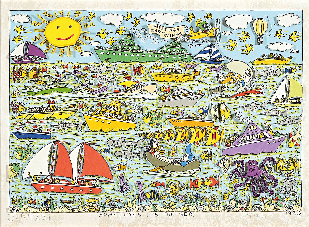 James Rizzi, 1950-2011, Sometimes it's the sea, dreidimensionale Farblithographie von 1996, handsigniert, num. 114/350, weißer Rand der Grafik ...