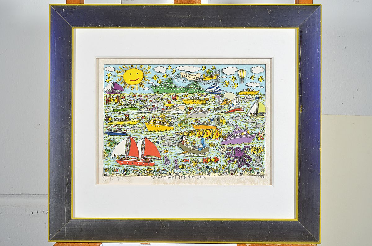 Detail k: James Rizzi, 1950-2011, Sometimes it's the sea, dreidimensionale Farblithographie von 1996, handsigniert, num. 114/350, weißer Rand der Grafik ...