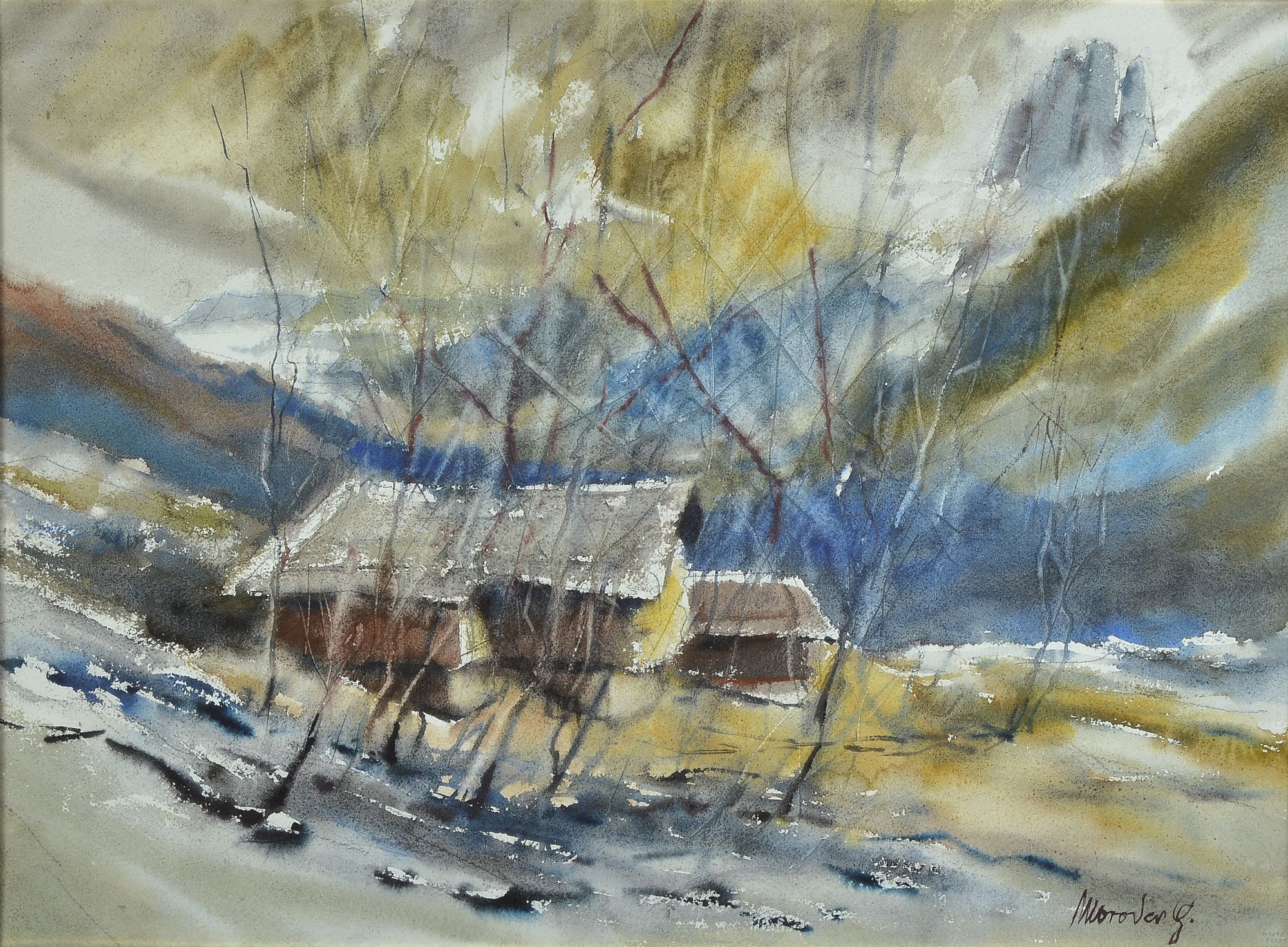 Gottfried Moroder, 1921-2016 St. Ulrich in Gröden, Südtirol, Verschneite Landschaft im Gebirge, Aquarell auf Papier, rechts unten signiert, ca. ...
