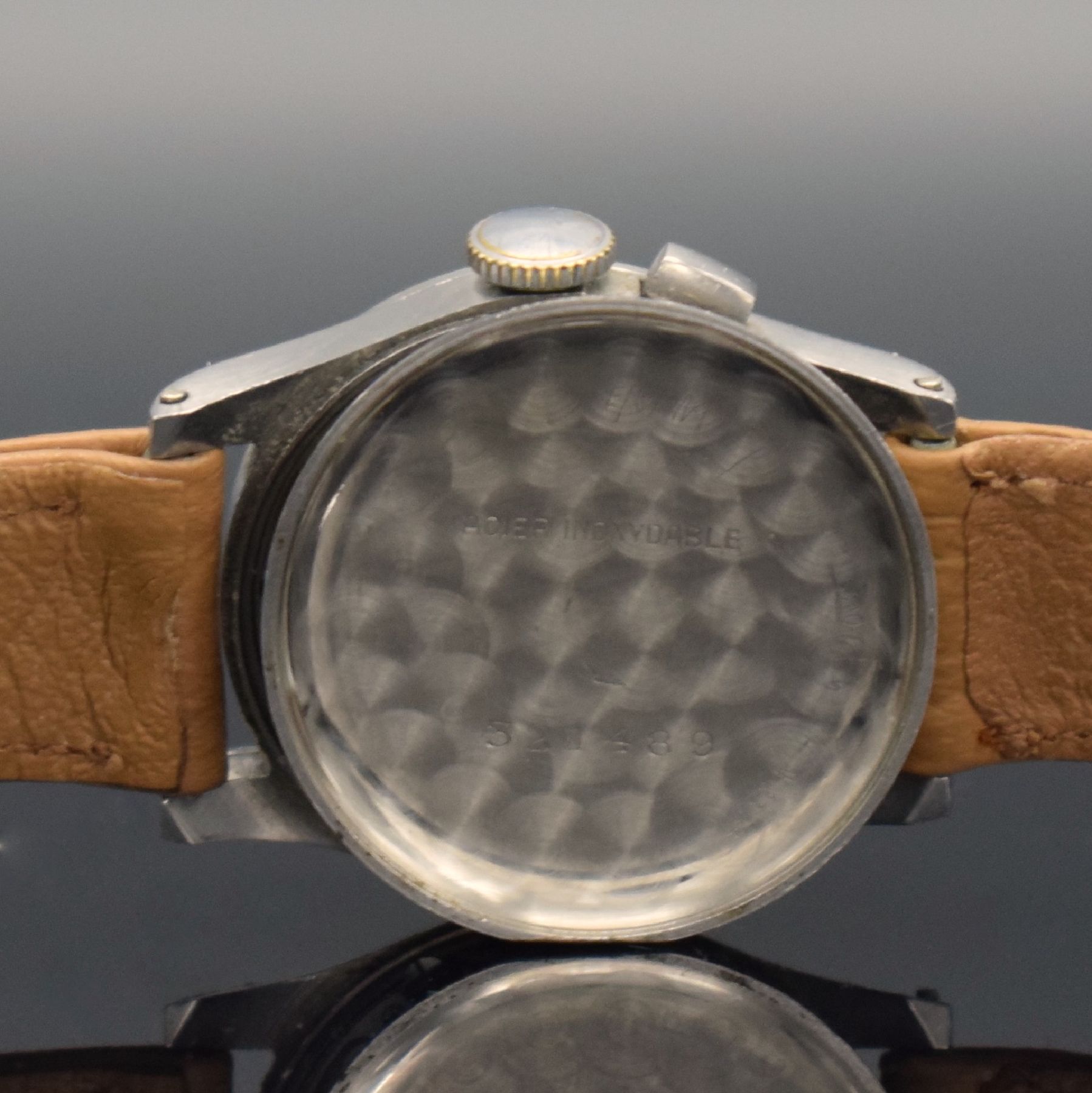 Detail h: VALJOUX 69 seltene Damenarmbanduhr mit Chronograph in Stahl, Schweiz um 1940, Handaufzug, 3-tlg. Geh., Boden & Glasrand aufgedr., silb. ...