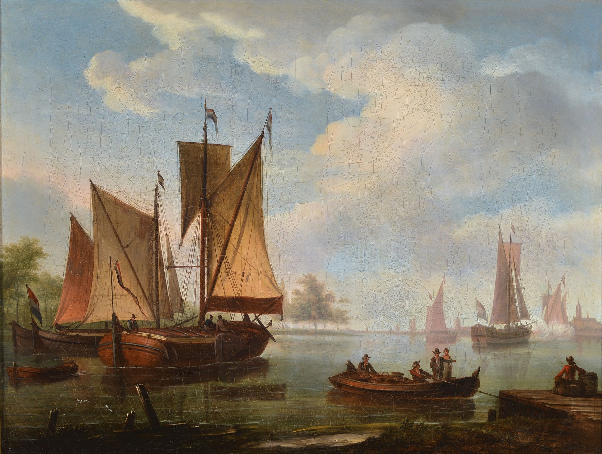 Frans Swagers, 1756 Utrecht - 1836 Paris, Hafenszene in den Niederlanden, feine lasierende Malerei, gekonnte Tiefendarstellung, erzählende, ...