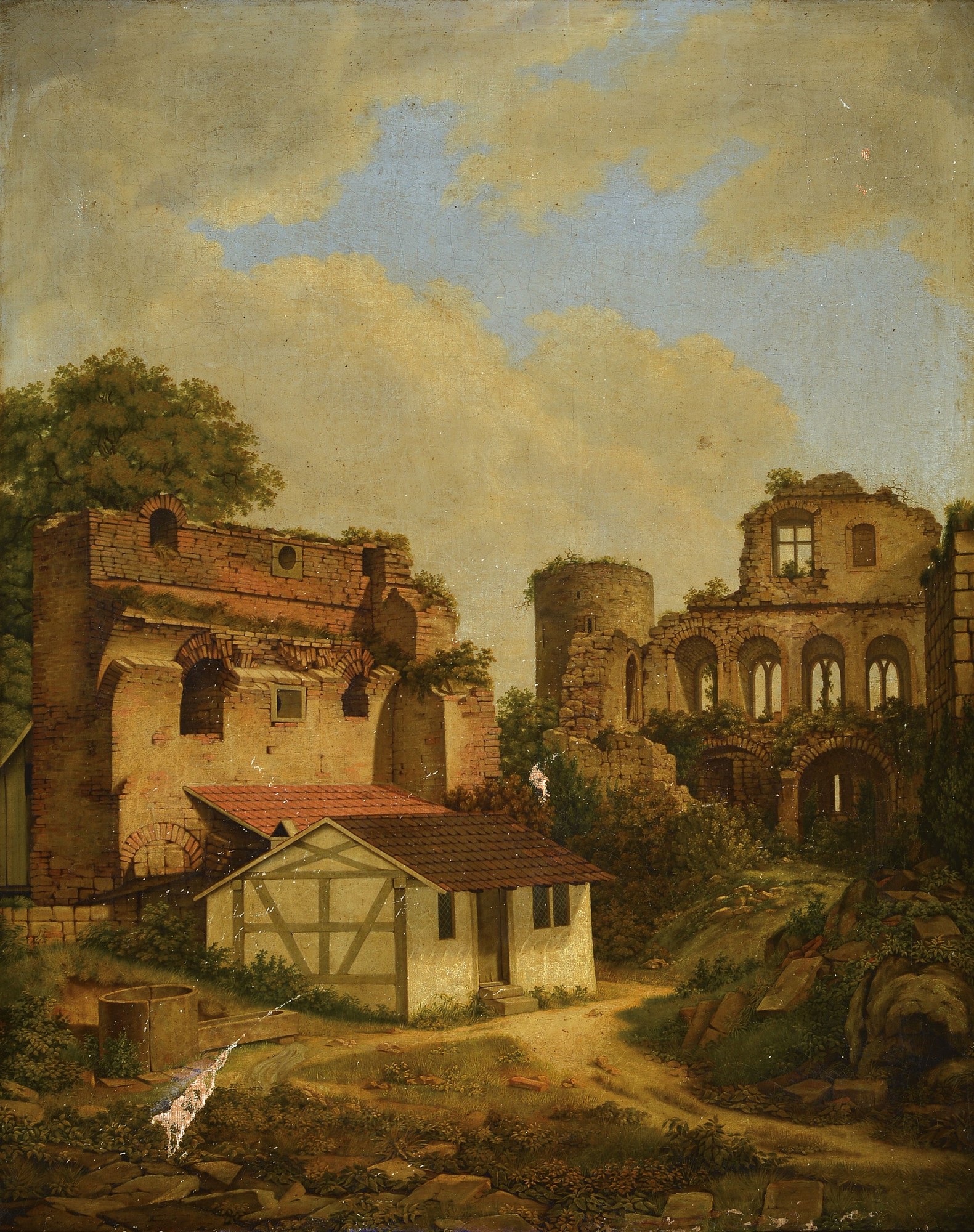 Unbekannter Künstler da unleserlich signiert, datiert 1809, kleines Fachwerkhaus inmitten von Ruinen, Öl/Lwd, stark beschädigt mit zwei ...