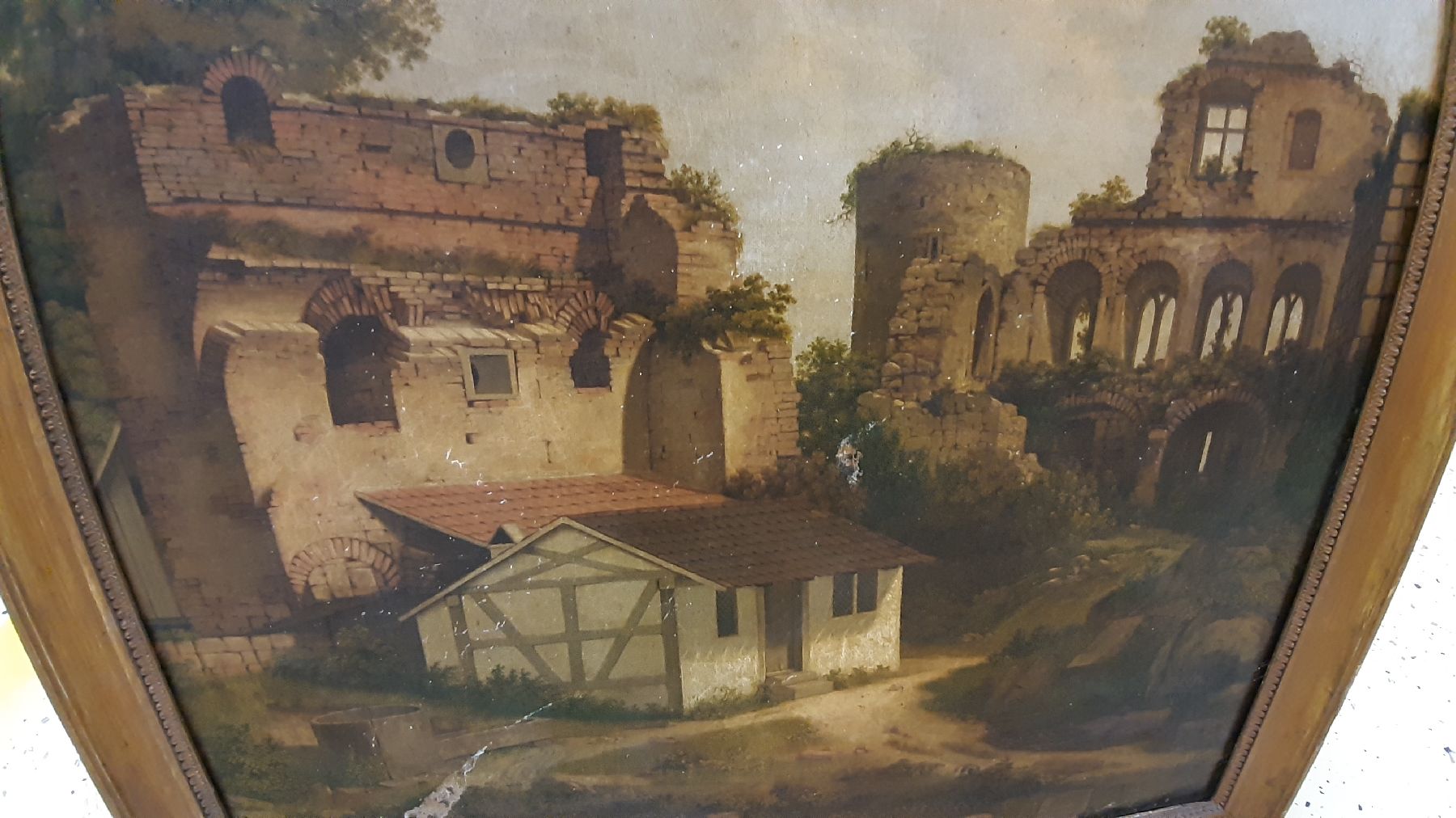 Detail d: Unbekannter Künstler da unleserlich signiert, datiert 1809, kleines Fachwerkhaus inmitten von Ruinen, Öl/Lwd, stark beschädigt mit zwei ...